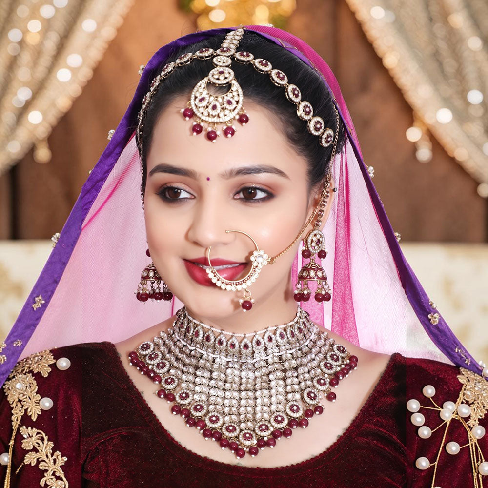 Knigght Angel Gold Plated Royal Kundan Stone And Beads Semi Bridal Necklace Set