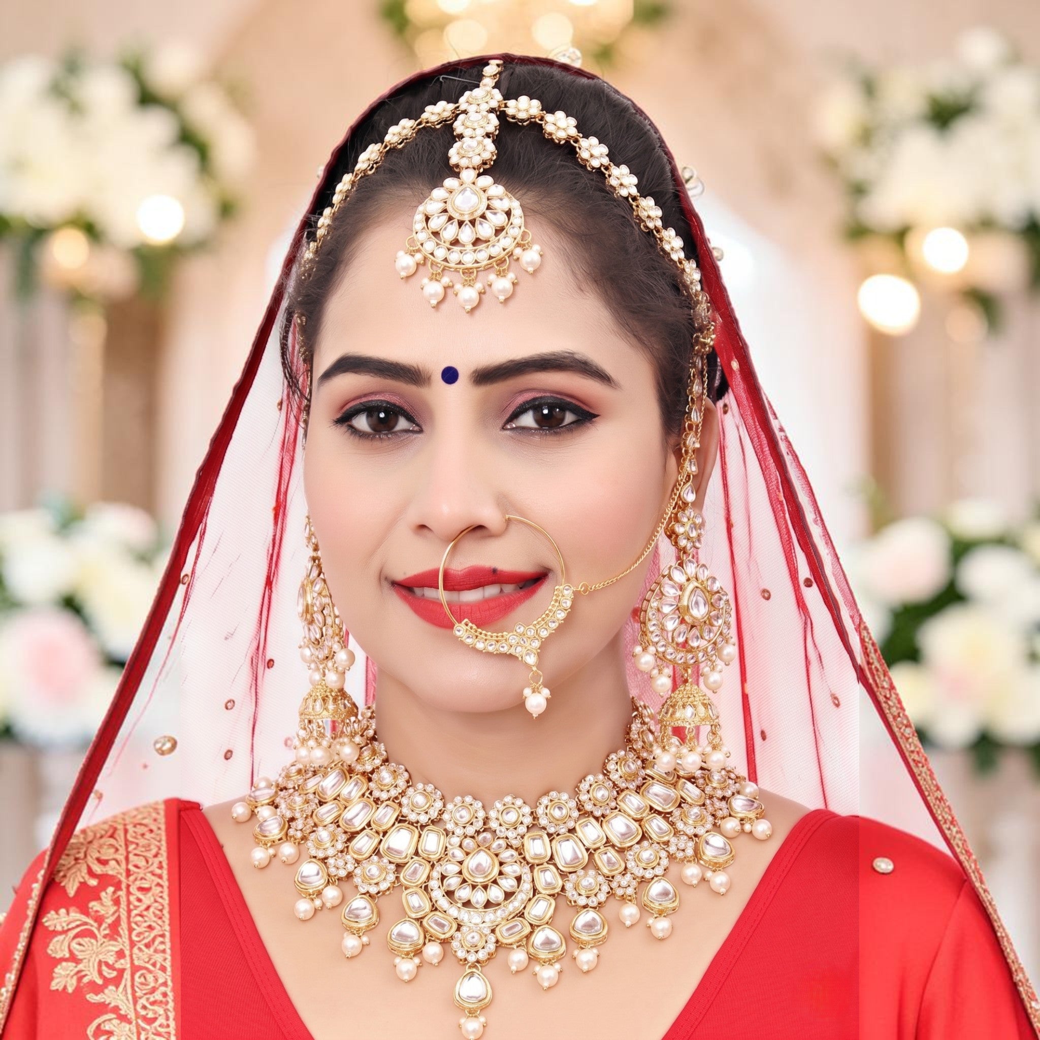 Knigght Angel Gold Plated Royal Kundan Stone And Beads Semi Bridal Necklace Set