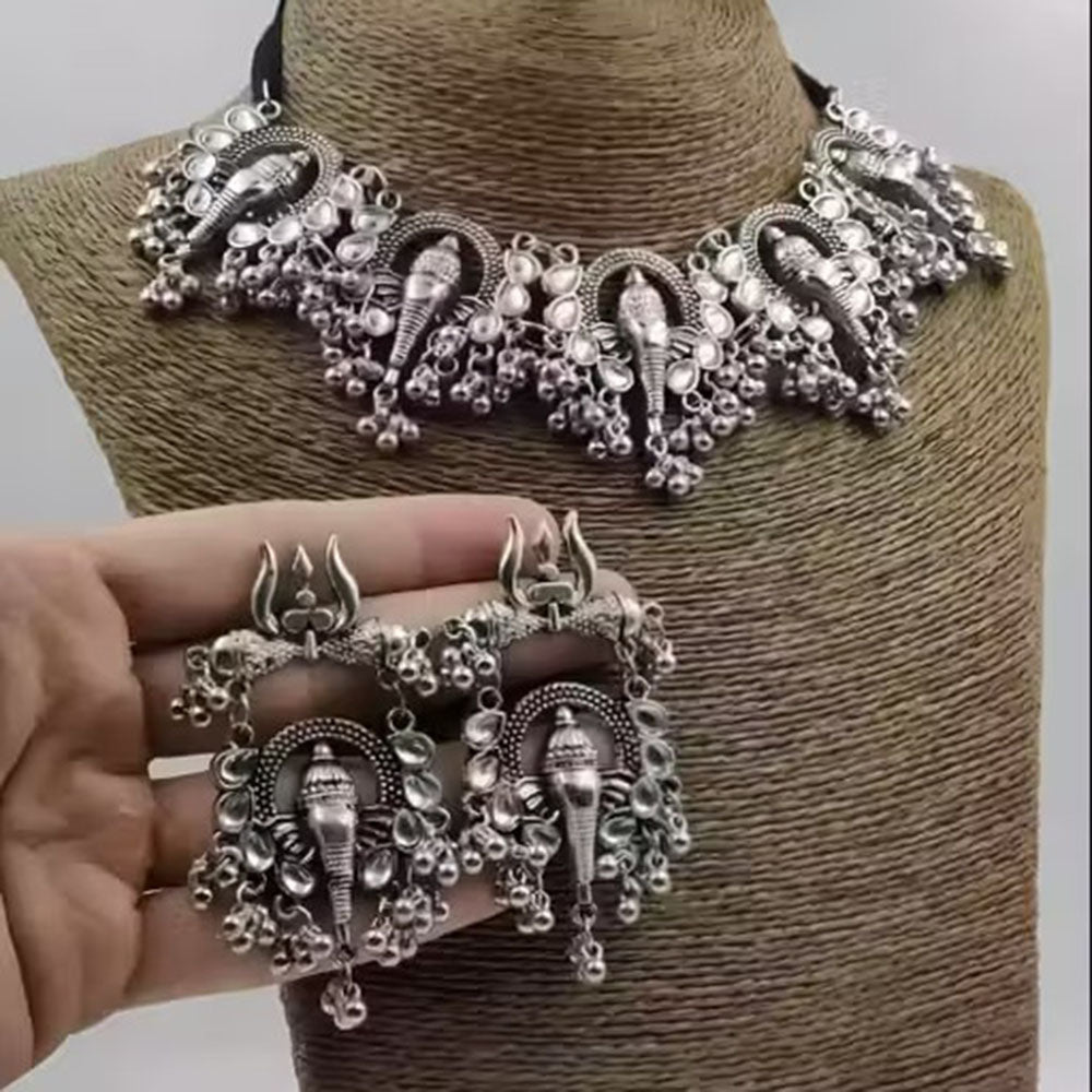 Bevy Pearls Oxidised Ganesha Trishul Choker Necklace Set for Women & Grils