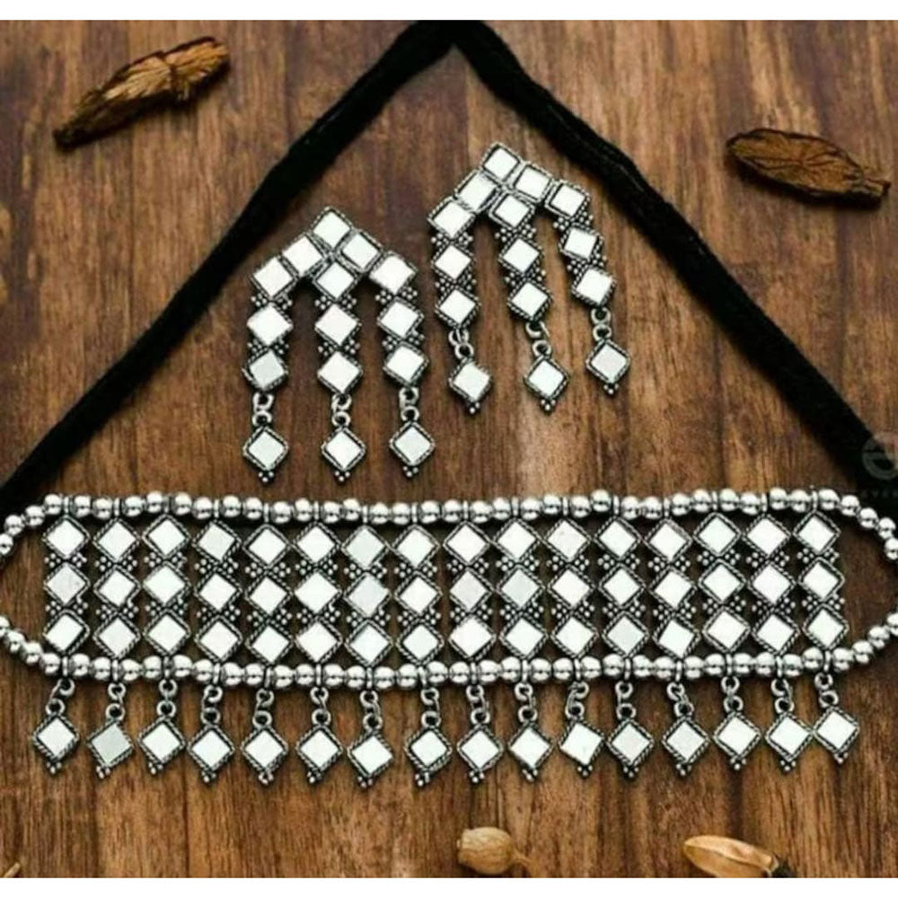 Bevy Pearls Oxidised Plated Mirror Choker Necklace Set Foe Women & Girls