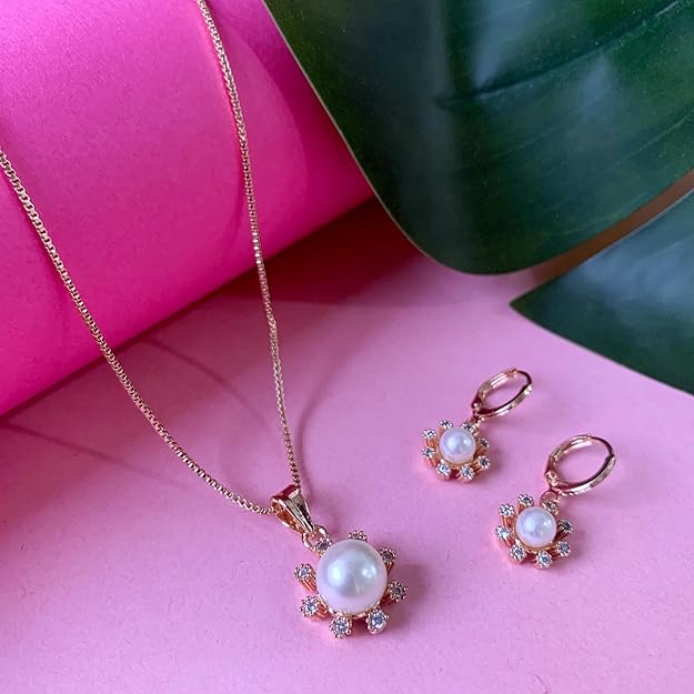 Etnico CZ American Diamond Chain Pendent Necklace With Earrings Jewellery Set for Women
