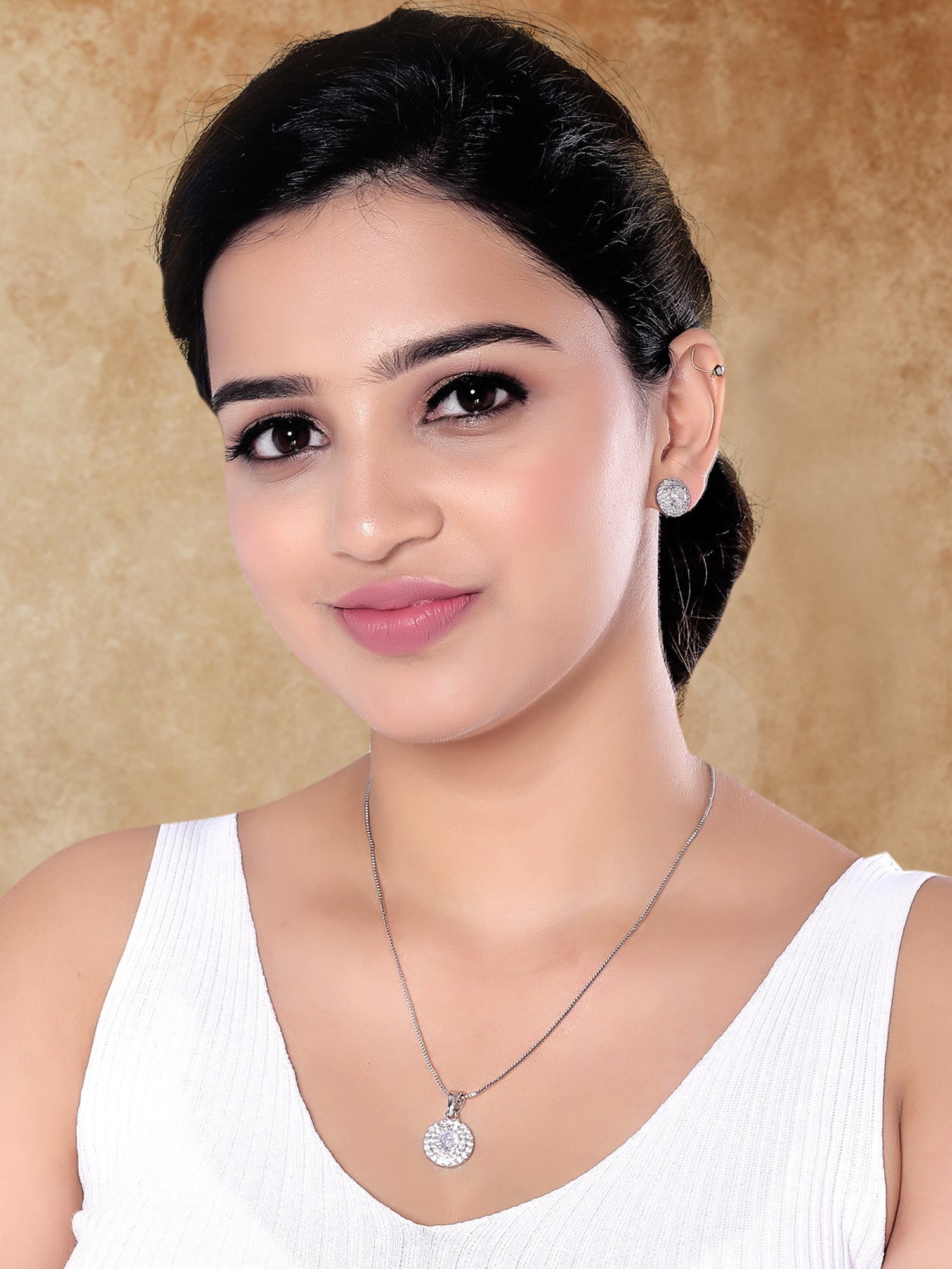 Etnico CZ American Diamond Chain Pendent Necklace With Earrings Set for Women