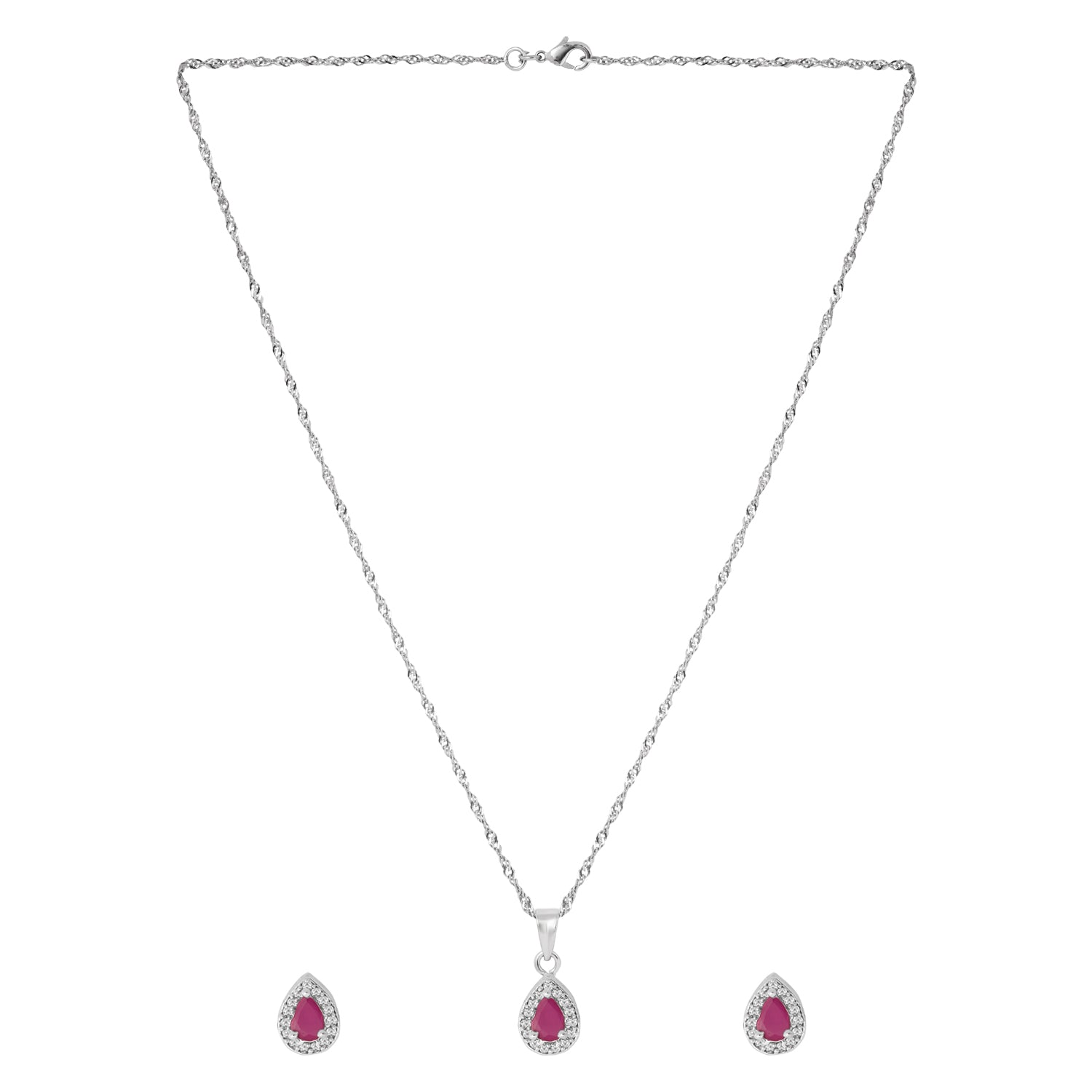 Etnico Latest Stylish Silver Plated CZ American Diamond Teardrop Pendant Set For Women