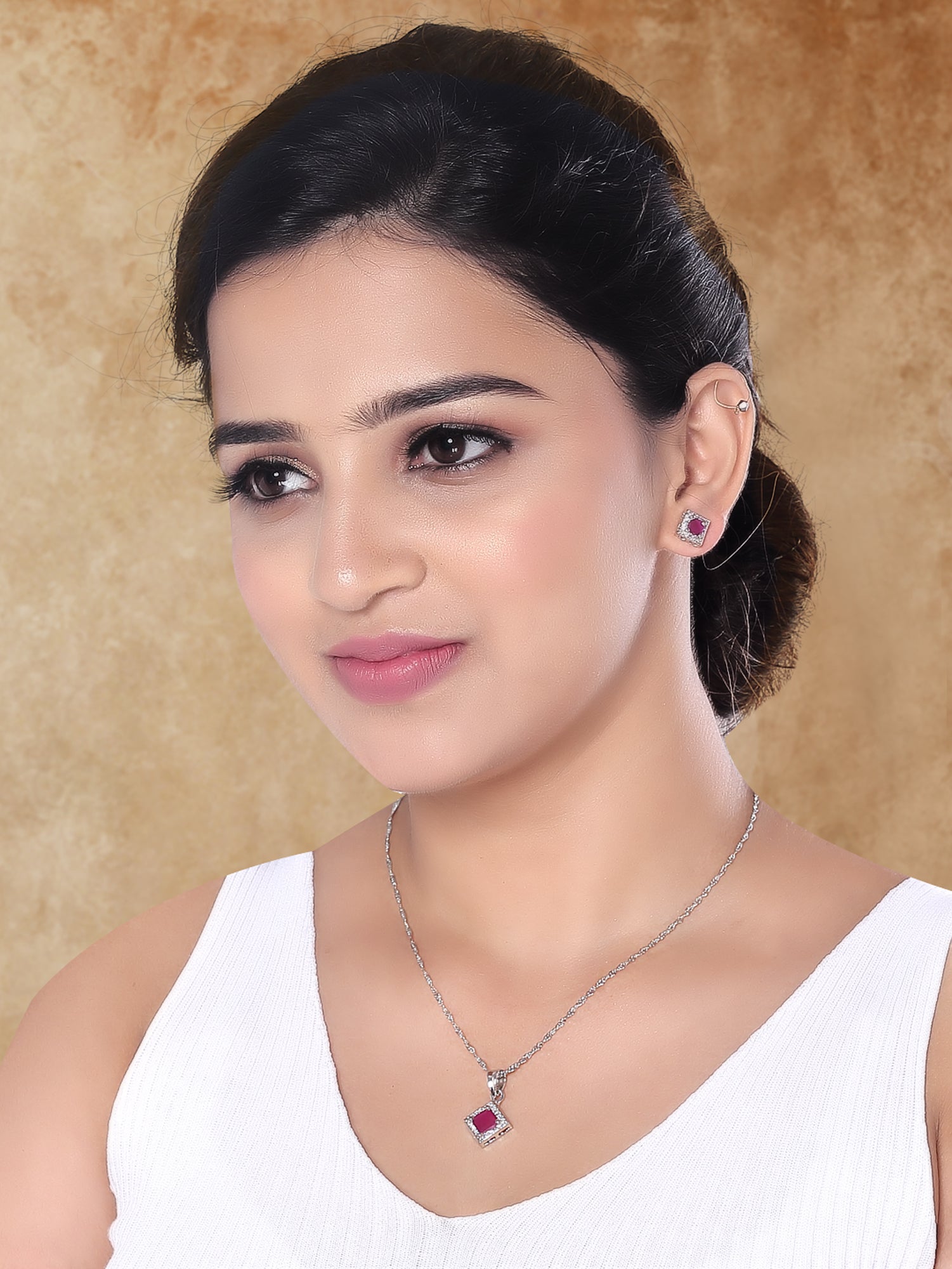 Etnico Latest Stylish Silver Plated CZ American Diamond Pendant Necklace & Earrings Set For Women