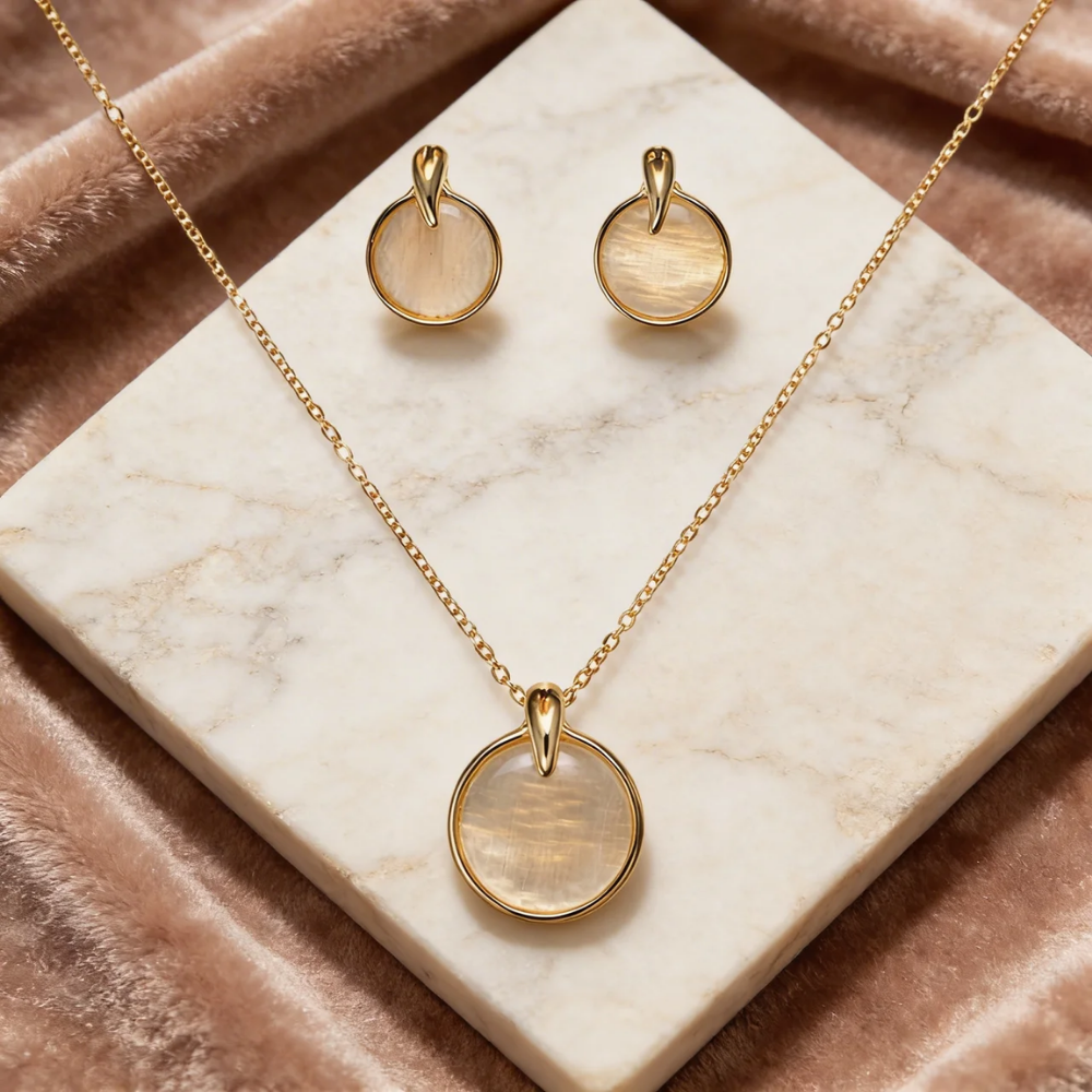 Etnico Round Mother of Pearl Pendant Necklace with Matching Stud Earrings Set for Women