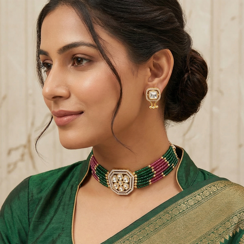 Chiccharm Jewellery Luxury Polki Kundan And Pearl Traditional Choker Necklace Set