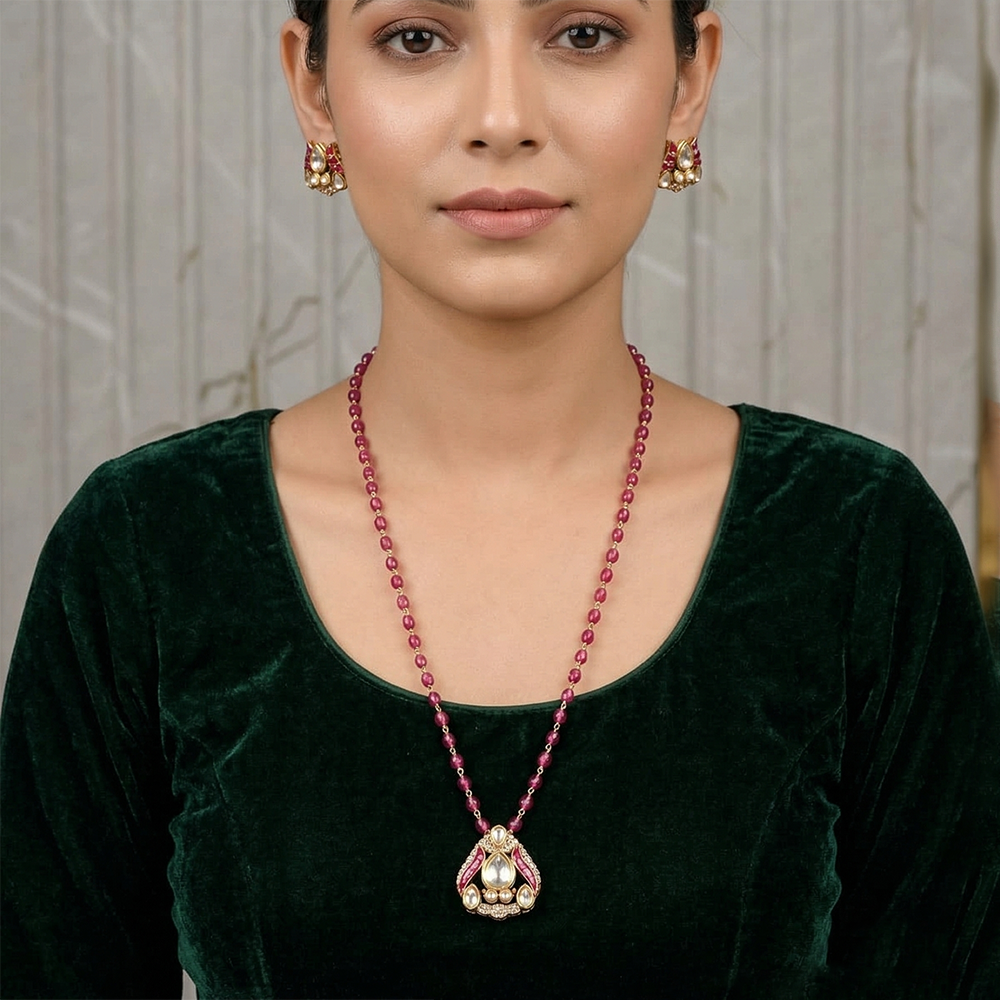 Chiccharm Jewellery Premium Polki Kundan Long Necklace with Earrings Set