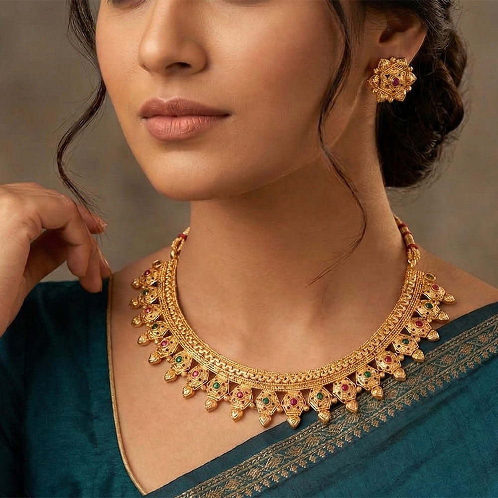 Chiccharm Jewellery Pota Stone Brass And Copper Rajwadi Necklace Set