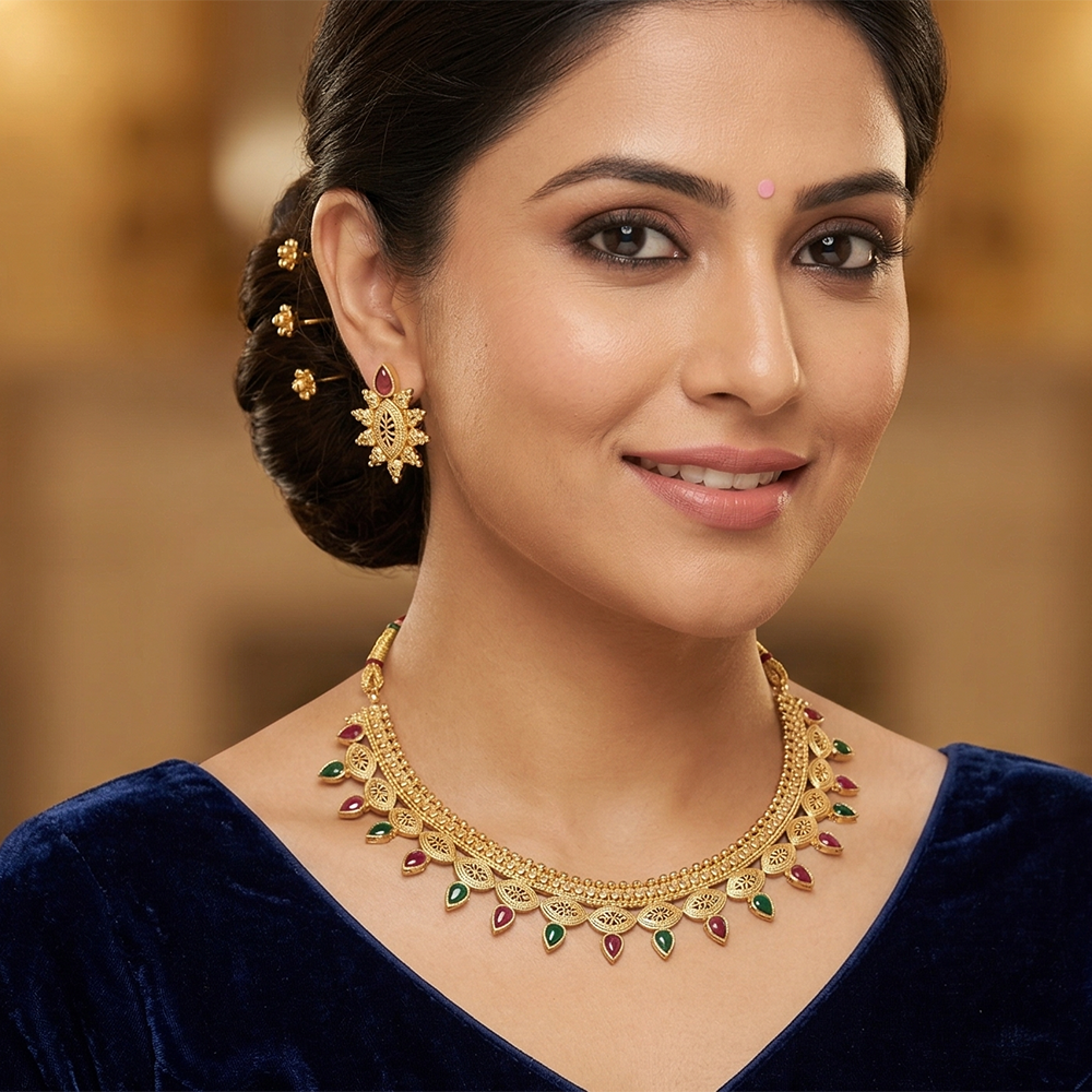 Chiccharm Jewellery Pota Stone Brass And Copper Rajwadi Necklace Set