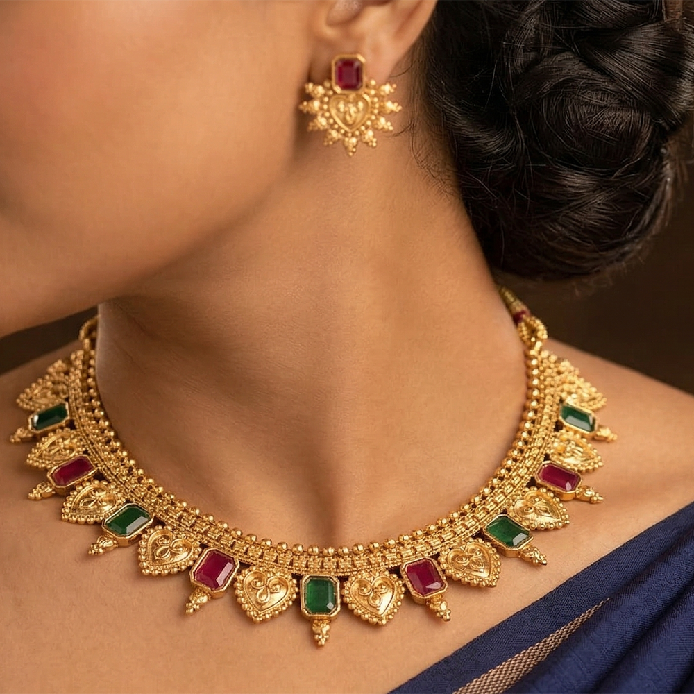 Chiccharm Jewellery Pota Stone Brass And Copper Rajwadi Necklace Set