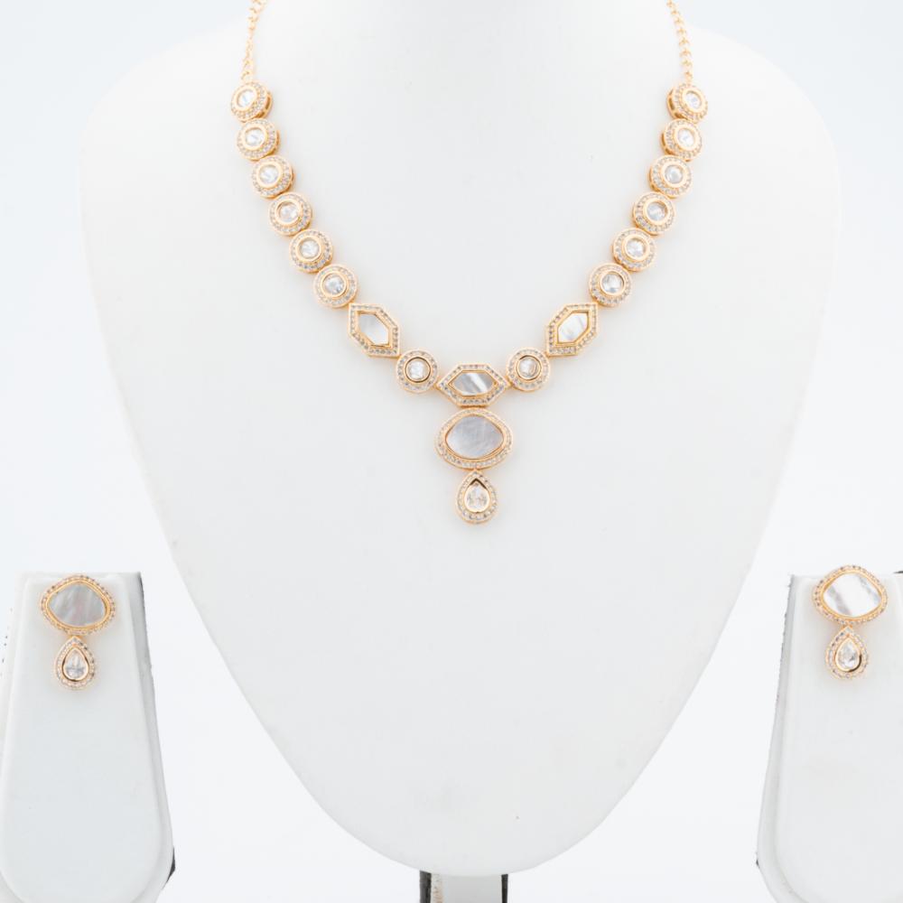 ChicCharm Jewellery Brass And Copper Gold Plated Polki Kundan Necklace Set