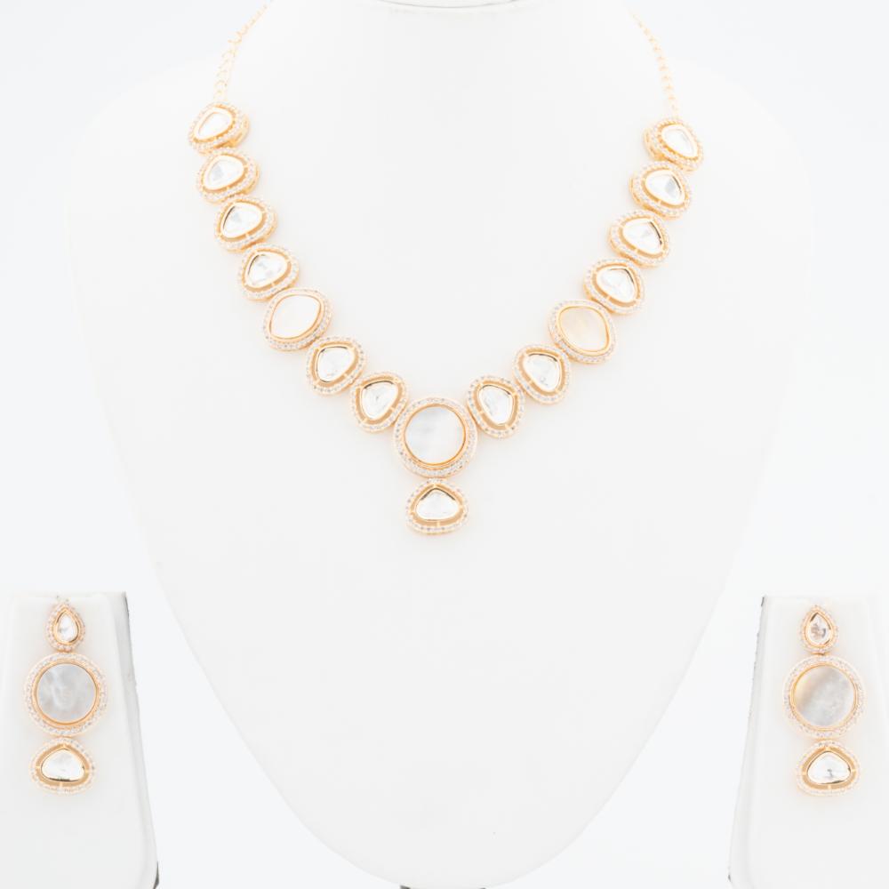 ChicCharm Jewellery Brass And Copper Gold Plated Polki Kundan Necklace Set