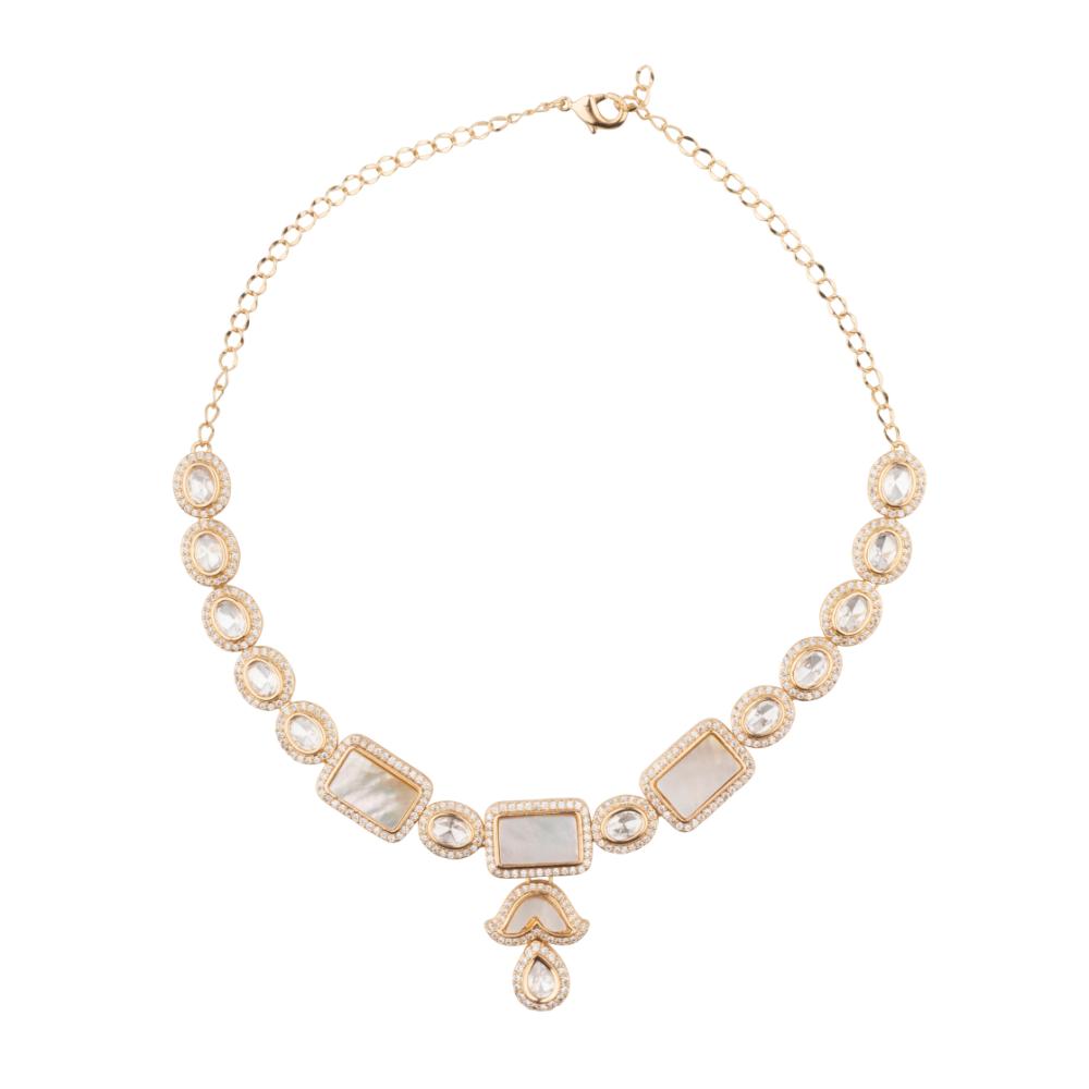 ChicCharm Jewellery Brass And Copper Gold Plated Polki Kundan Necklace Set