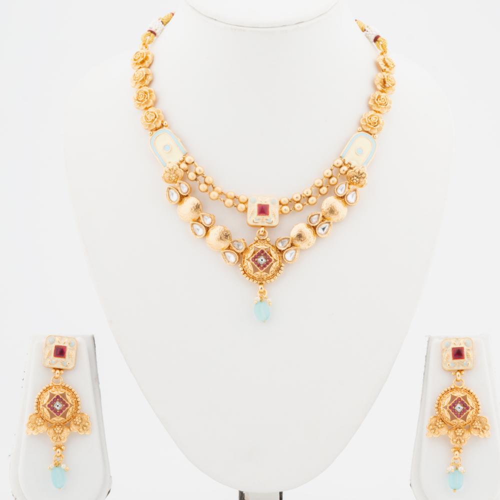 ChicCharm Jewellery Brass And Copper Gold Plated Uncut Polki Micro Rajwadi Necklace Set