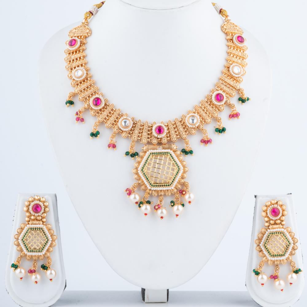 ChicCharm Jewellery Brass And Copper Gold Plated Rajwadi Necklace Set