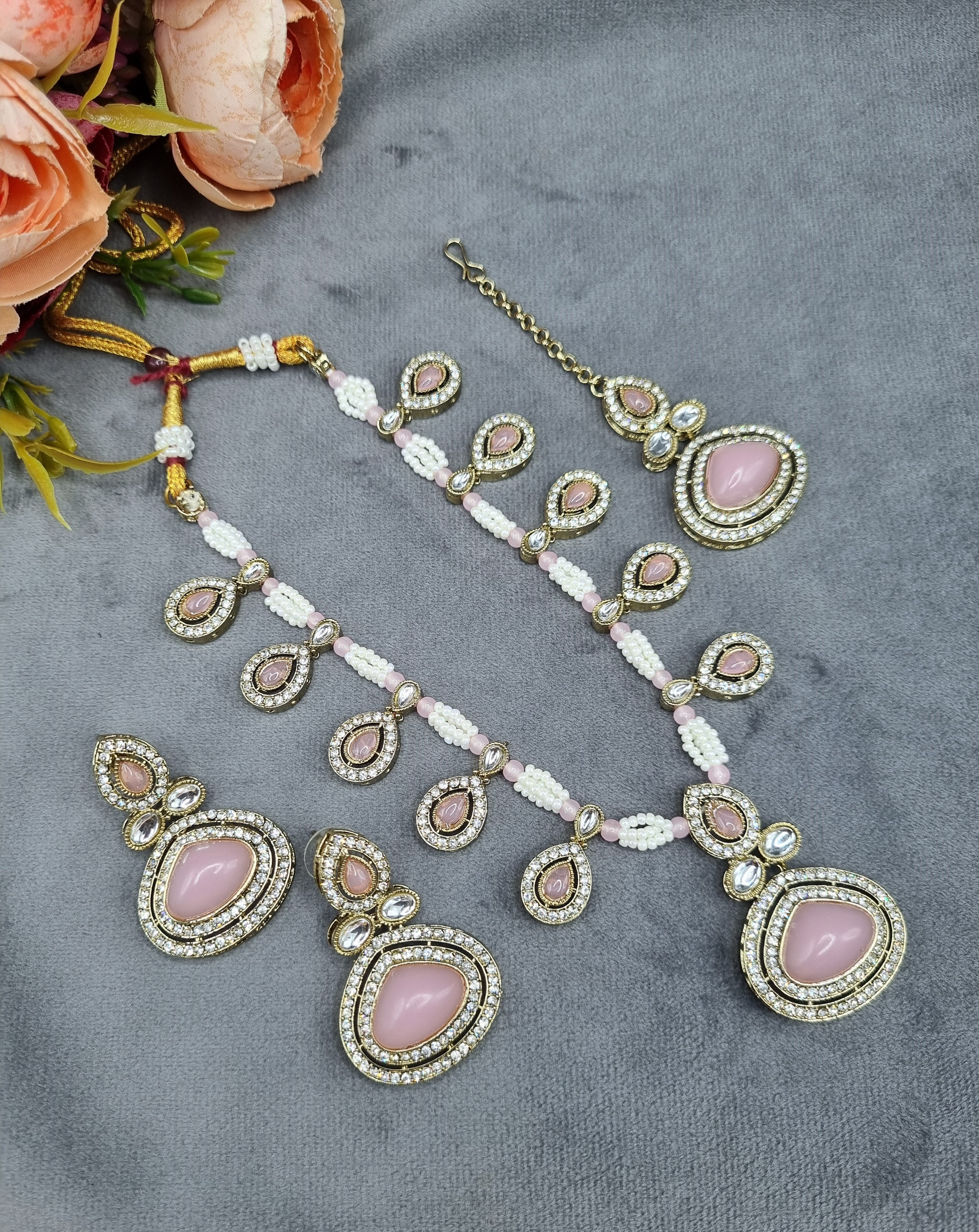 LAFZ Elegant Teardrop Stone & Pearl Beaded Jewelry Set with Earrings & Maang Tikka - CK1692