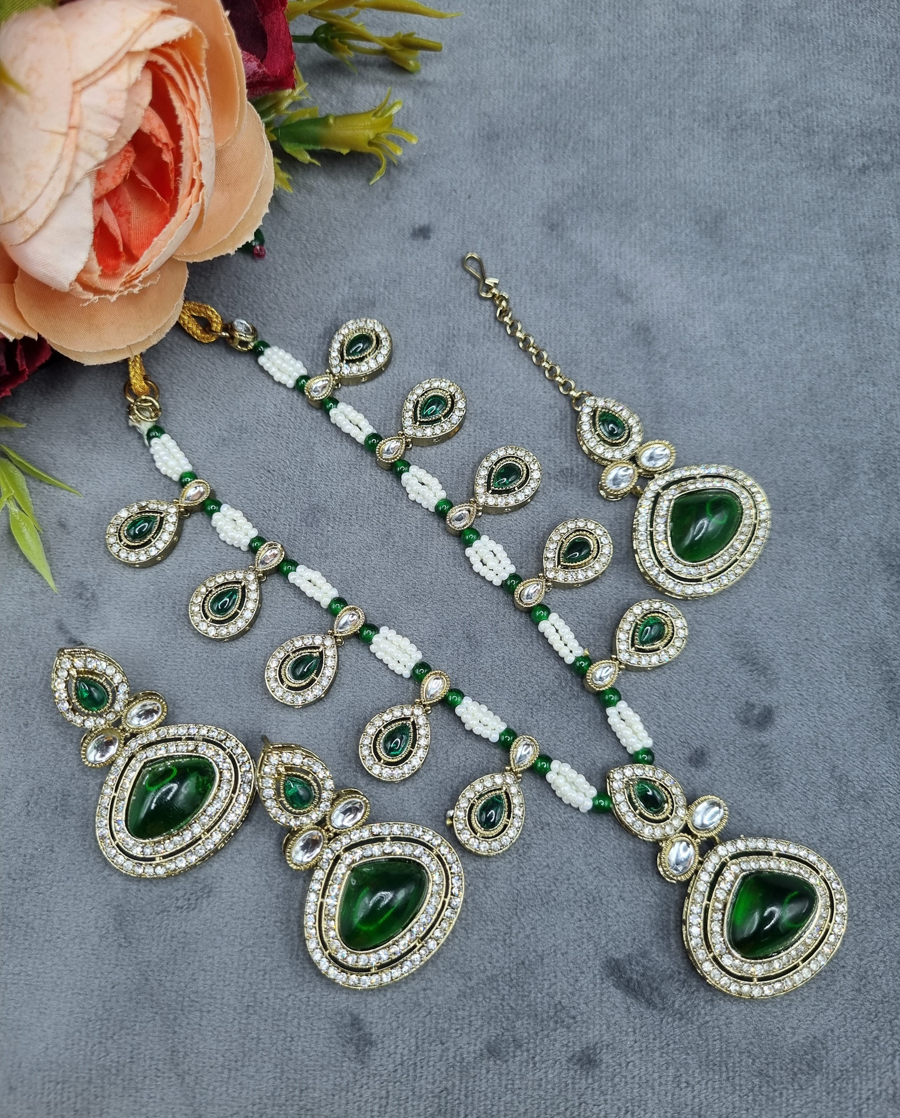 LAFZ Elegant Teardrop Stone & Pearl Beaded Jewelry Set with Earrings & Maang Tikka - CK1692