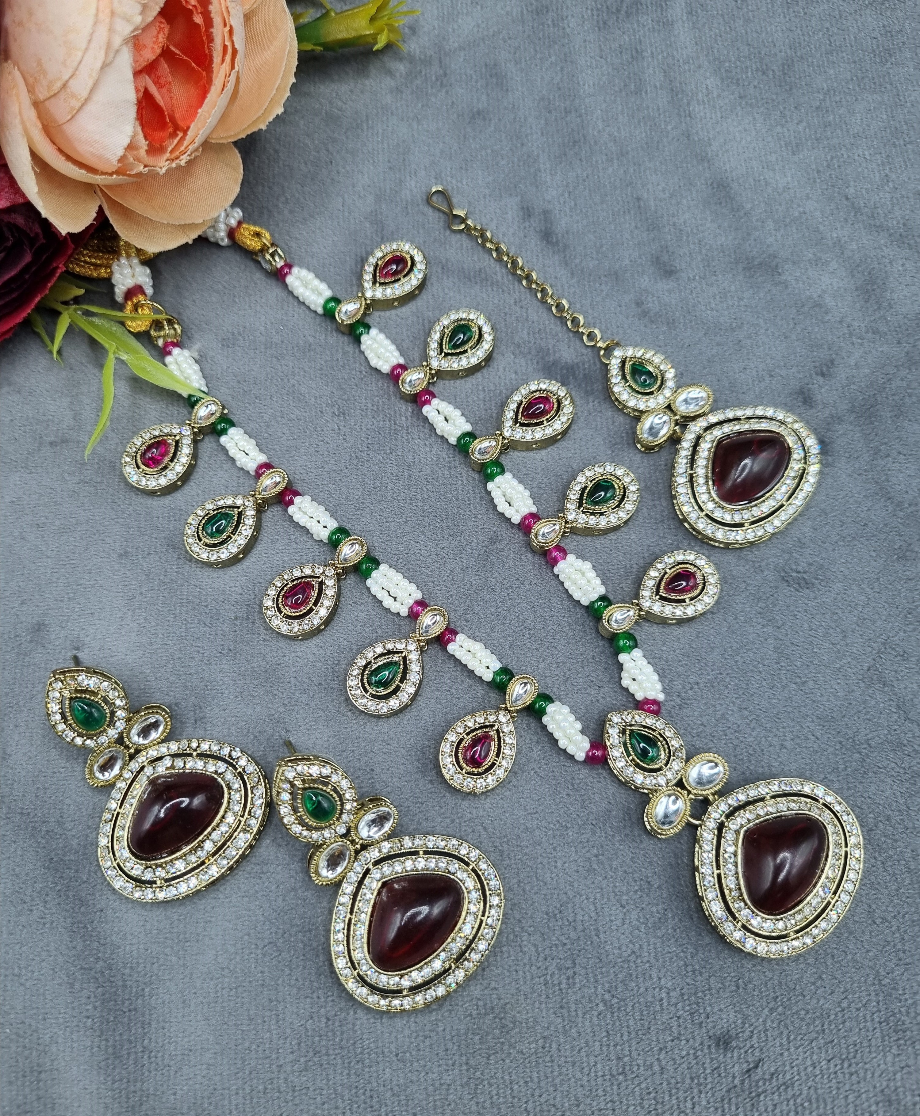 LAFZ Elegant Teardrop Stone & Pearl Beaded Jewelry Set with Earrings & Maang Tikka - CK1692