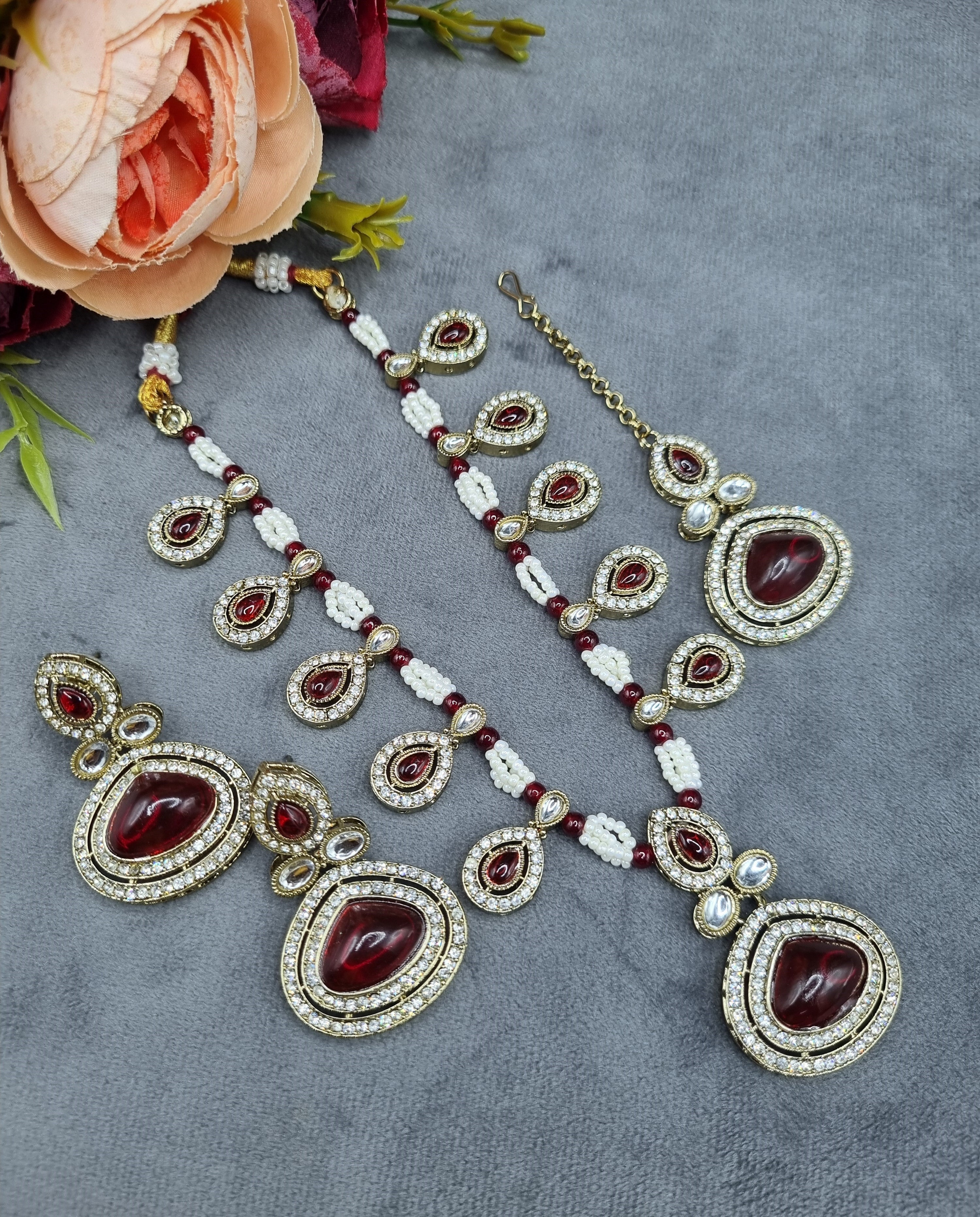 LAFZ Elegant Teardrop Stone & Pearl Beaded Jewelry Set with Earrings & Maang Tikka - CK1692