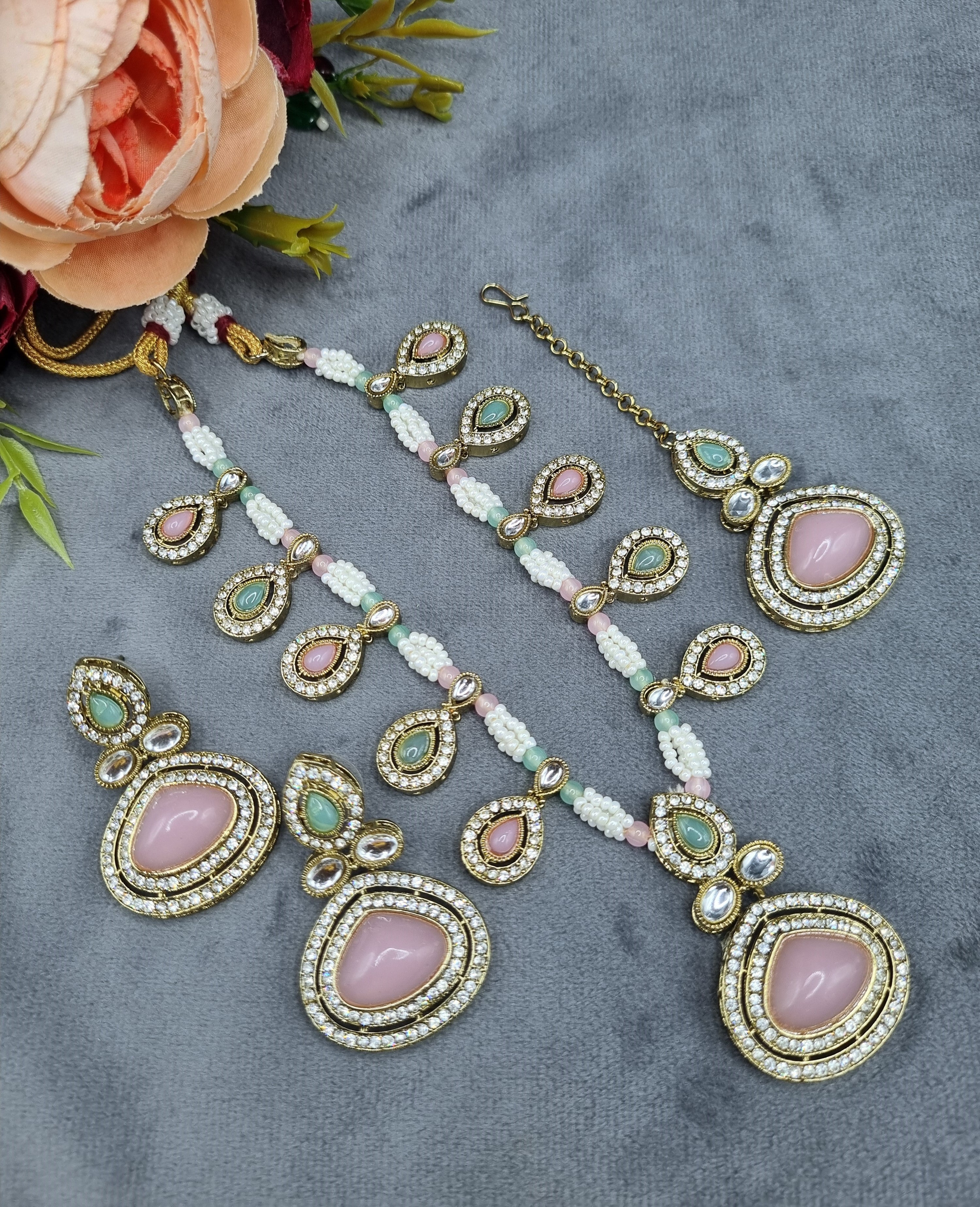 LAFZ Elegant Teardrop Stone & Pearl Beaded Jewelry Set with Earrings & Maang Tikka - CK1692
