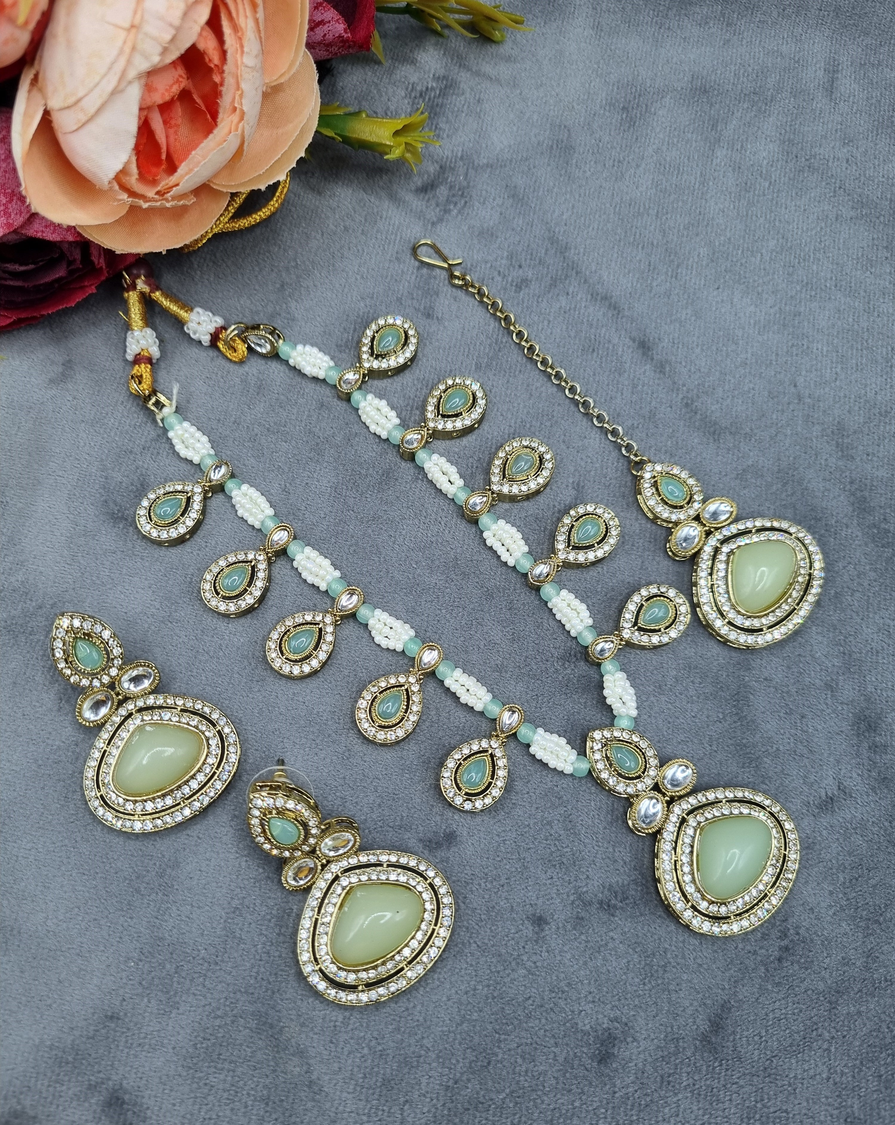 LAFZ Elegant Teardrop Stone & Pearl Beaded Jewelry Set with Earrings & Maang Tikka - CK1692