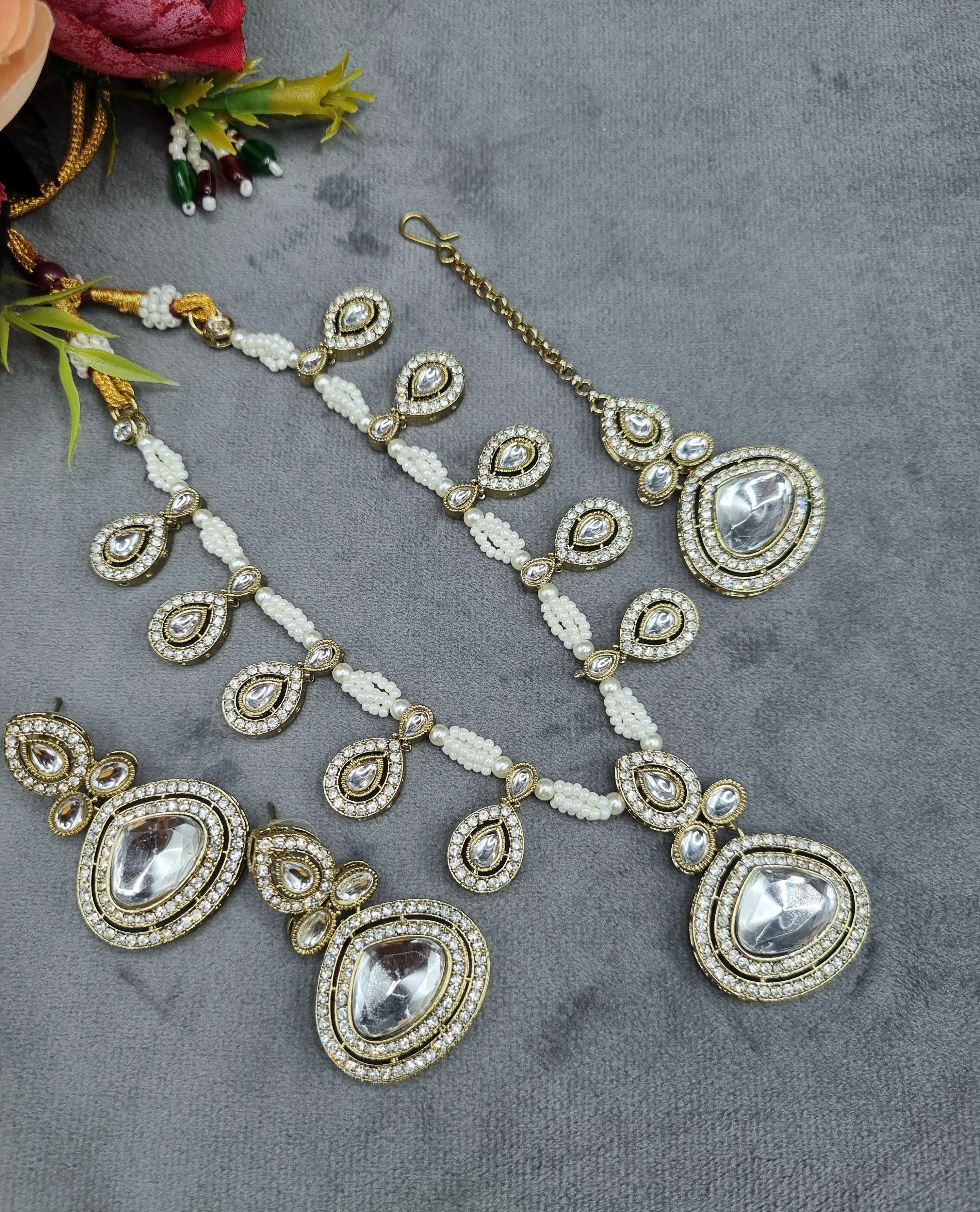 LAFZ Elegant Teardrop Stone & Pearl Beaded Jewelry Set with Earrings & Maang Tikka - CK1692