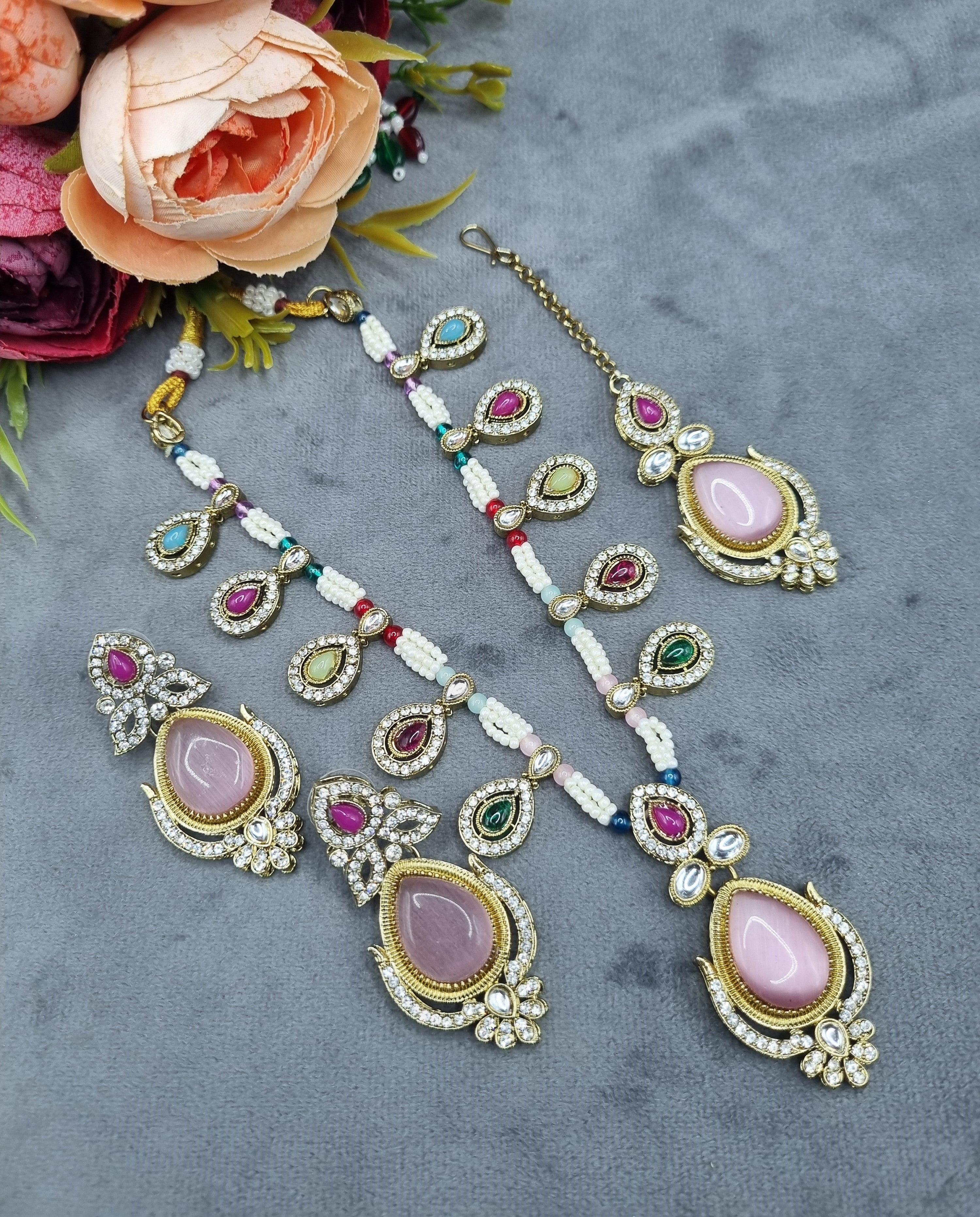 LAFZ Antique Gold Teardrop Pendant Necklace Set with Earrings & Maangtikka - CK1696MULTI2