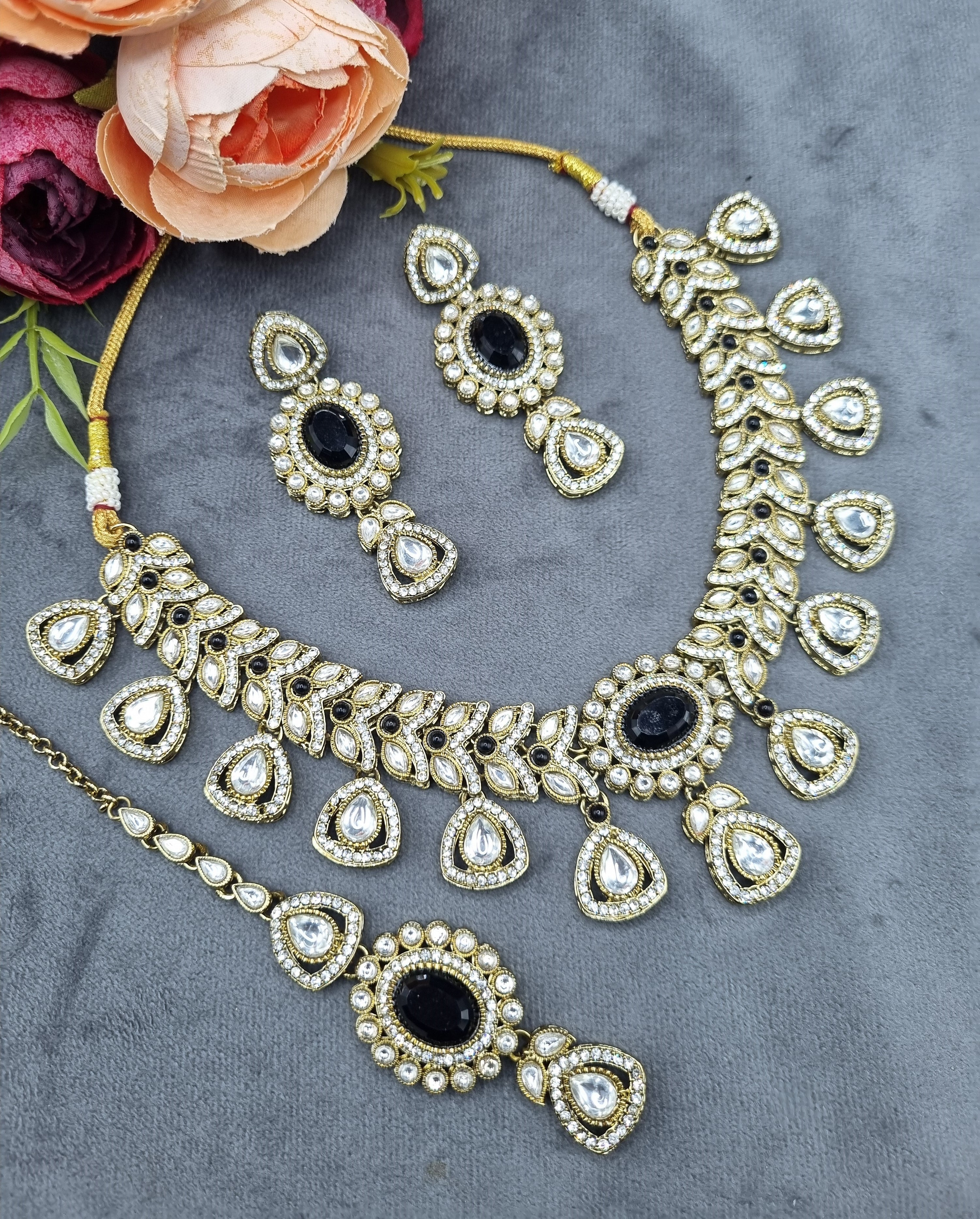 LAFZ Antique Gold & Oval Accent Choker Necklace Set with Earrings & Maangtikka - CK1697RAMA