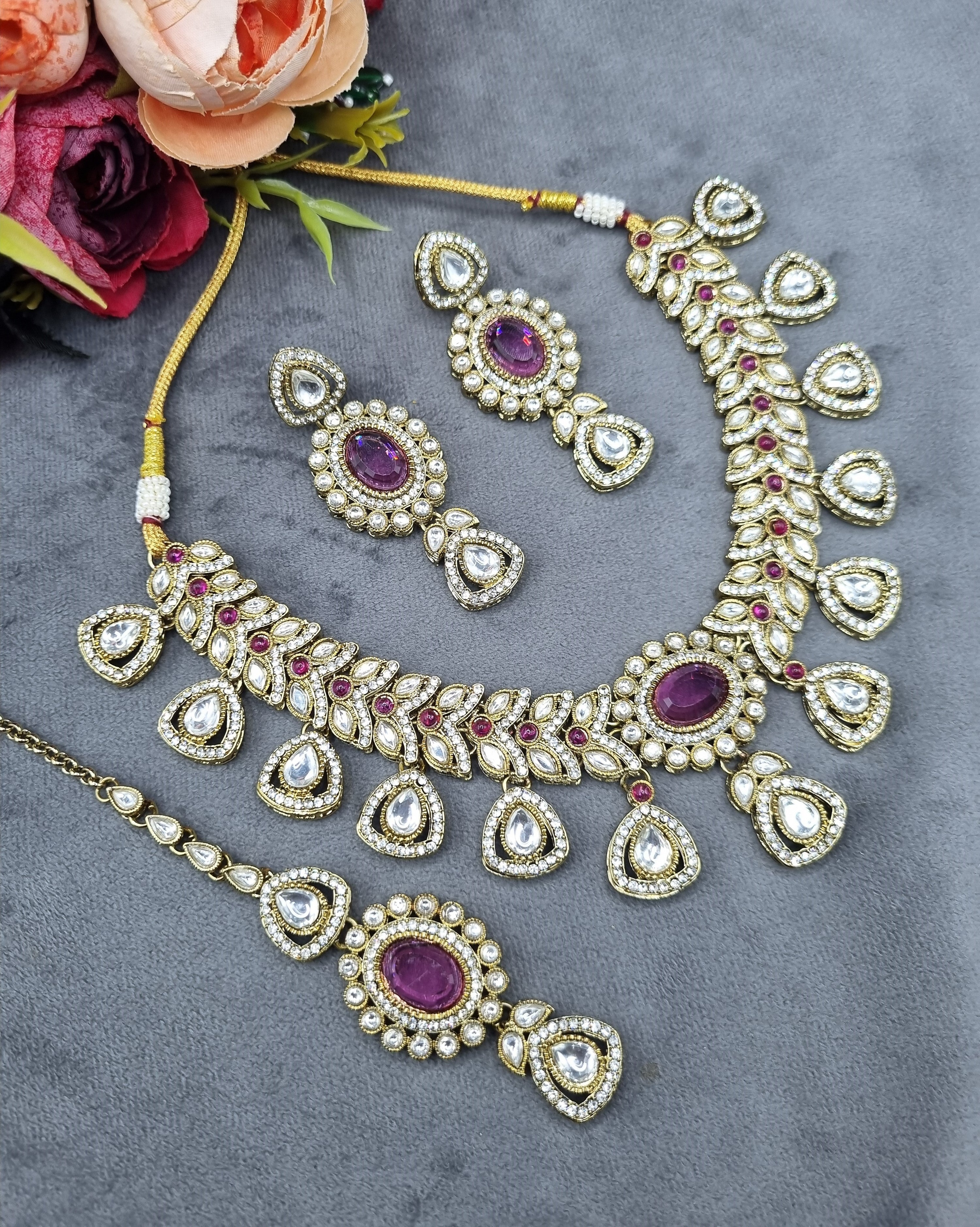 LAFZ Antique Gold & Oval Accent Choker Necklace Set with Earrings & Maangtikka - CK1697RAMA