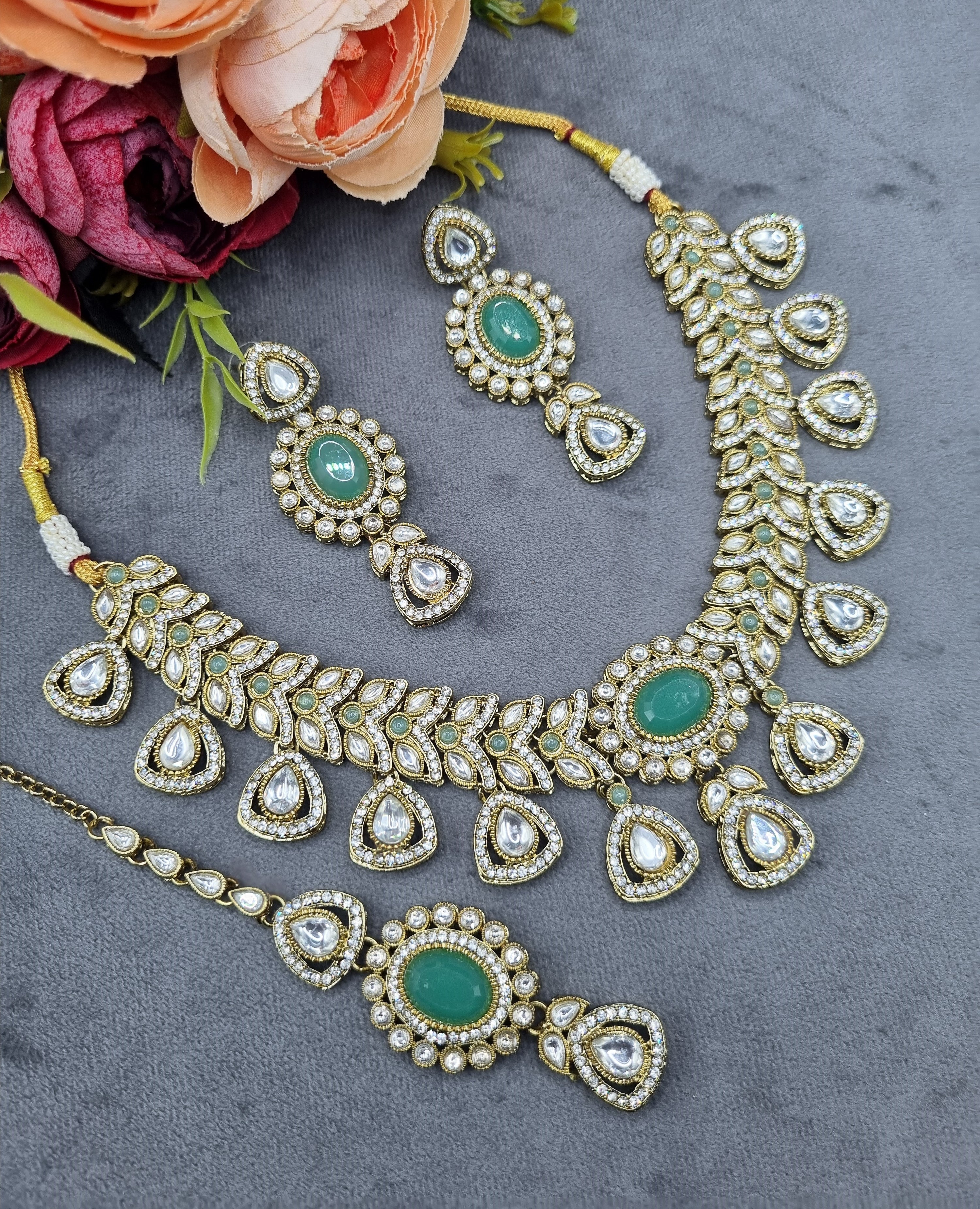 LAFZ Antique Gold & Oval Accent Choker Necklace Set with Earrings & Maangtikka - CK1697RAMA