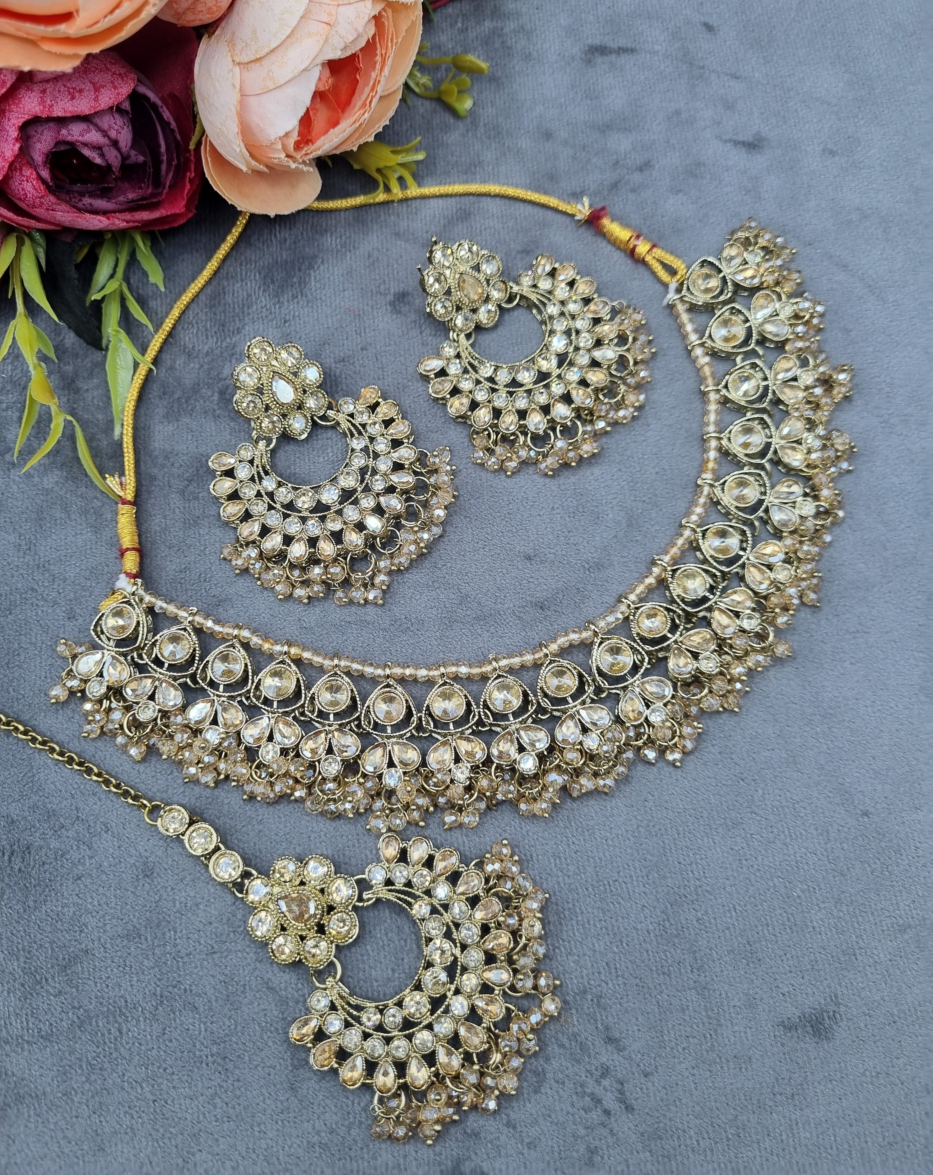 LAFZ Antique Gold Finish Crystal Necklace Set with Earrings & Maang Tikka - CK1698MINT-