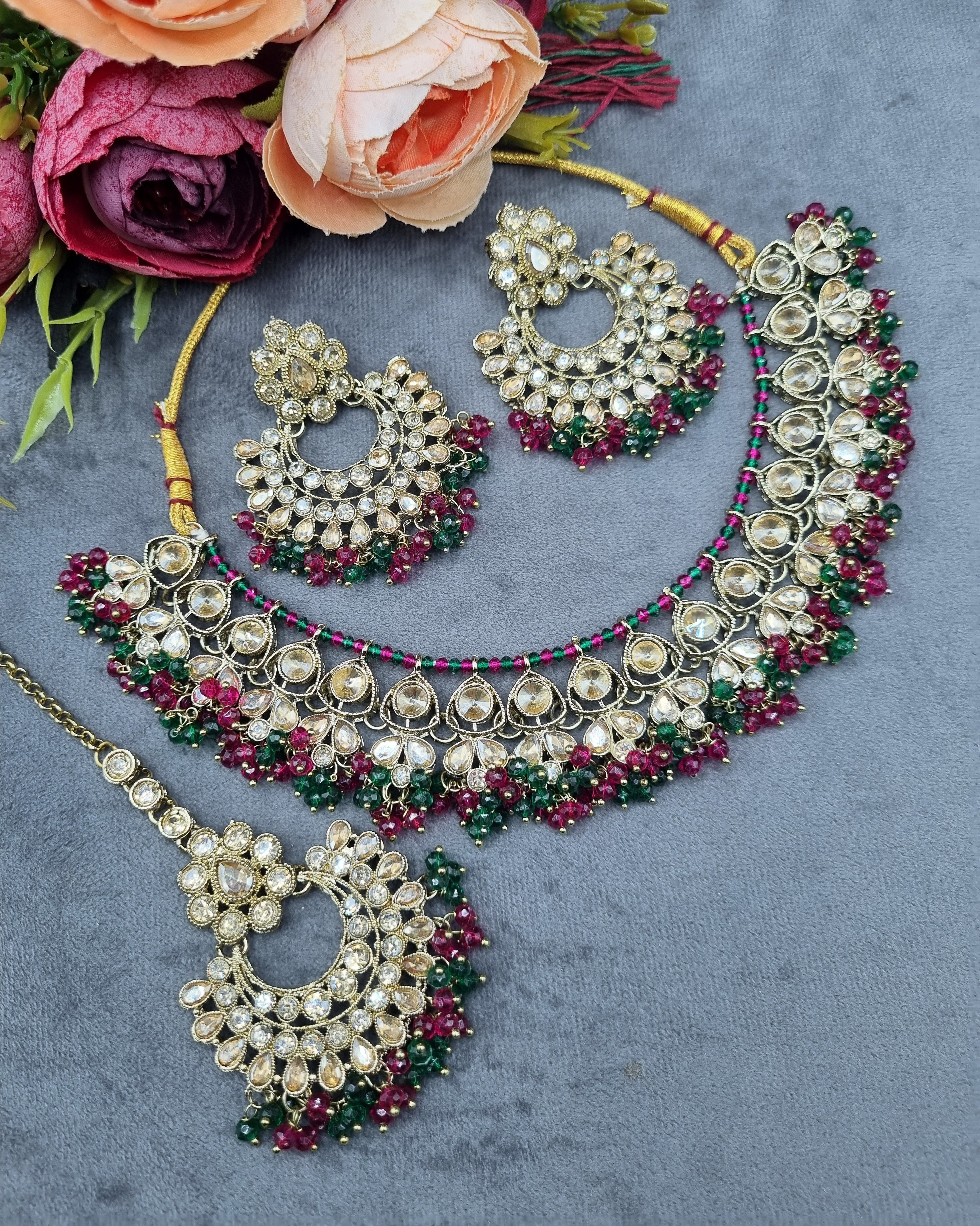 LAFZ Antique Gold Finish Crystal Necklace Set with Earrings & Maang Tikka - CK1698MINT-