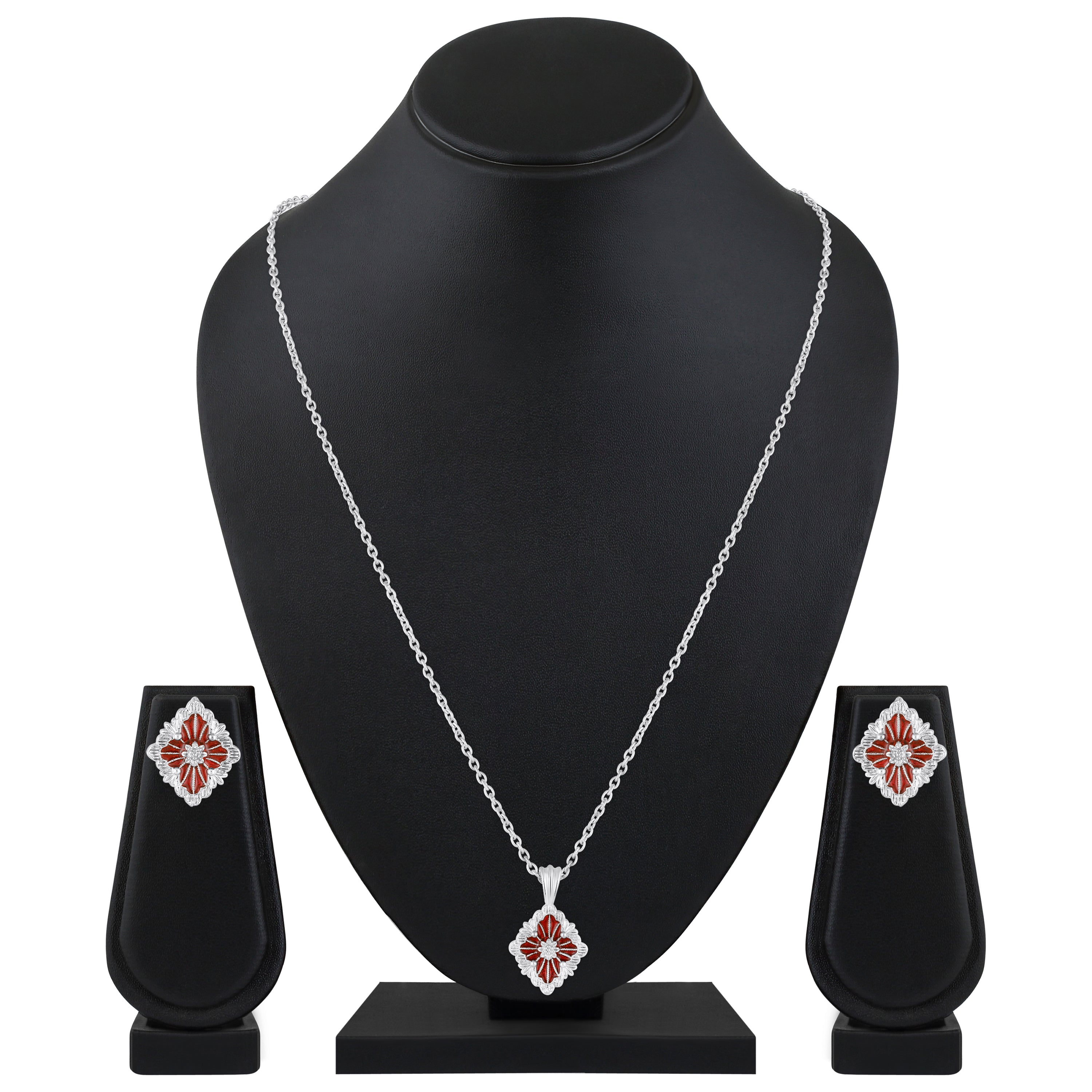 Mahi Scarlet Bloom Red Meenakari Enamel Pendant Earrings Bracelet Jewellery Set for Women & Girls (CO1105860R)