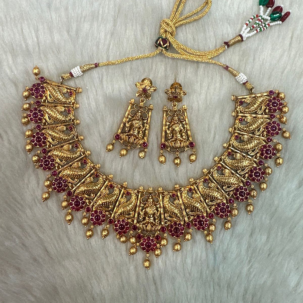 Tarangavi Copper Gold Plated Pota Stone Temple Necklace Set