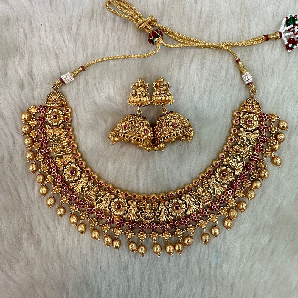 Tarangavi Copper Gold Plated Pota Stone Temple Necklace Set