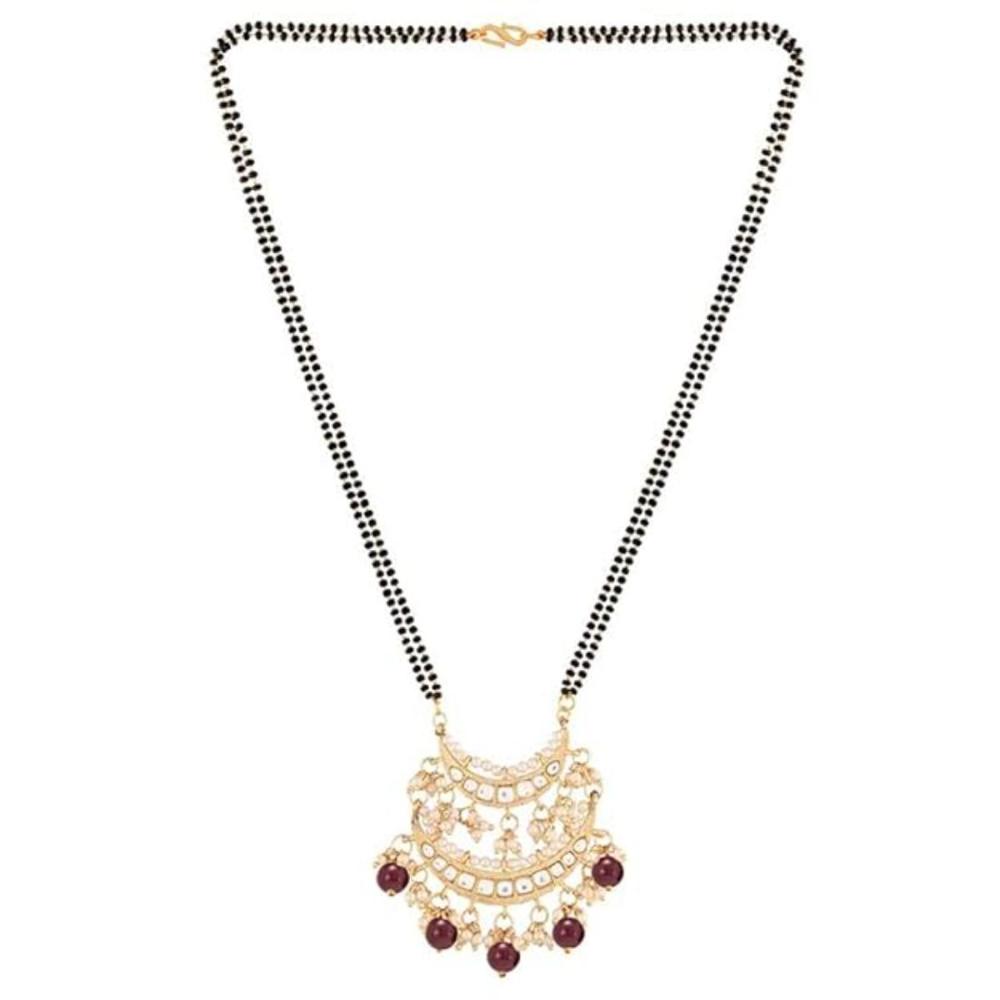 Etnico Gold Plated Traditional Pearl Kundan Studded Pendant with Black Bead Chain Mangalsutra for Women (D086M)