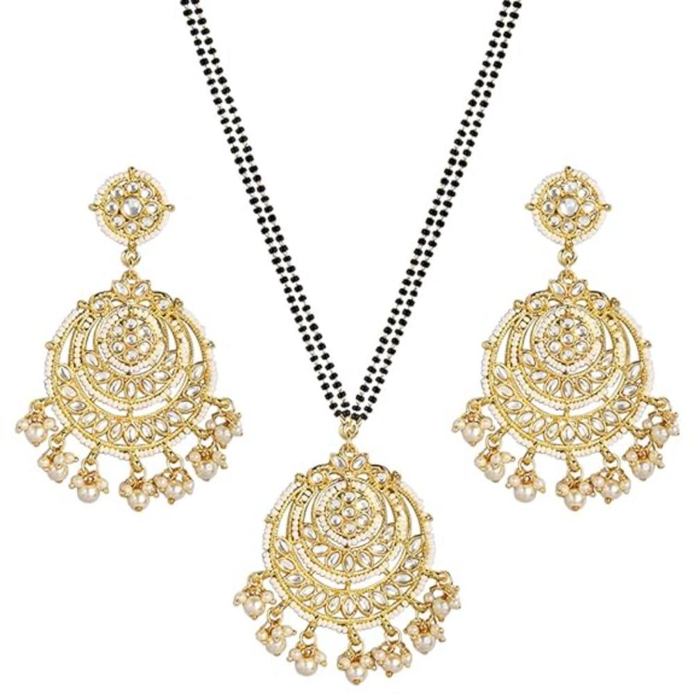 Etnico Gold Plated Traditional Pearl Kundan Studded Pendant with Black Bead Chain Mangalsutra With Earrings for Women (D089-88) (Style 2)