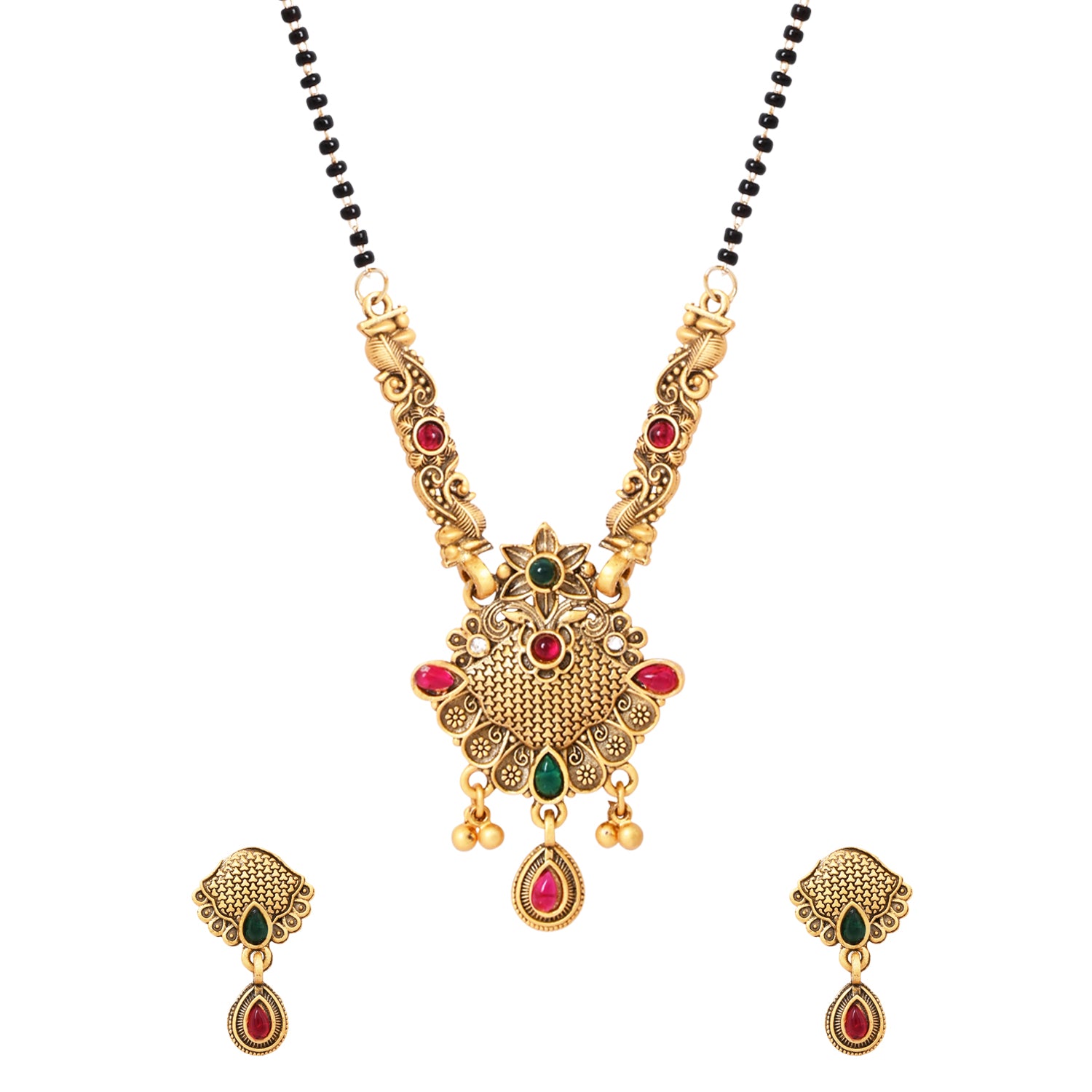 Etnico Gold Plated Traditional Pendant & Black Bead Chain Mangalsutra With Earrings For Women