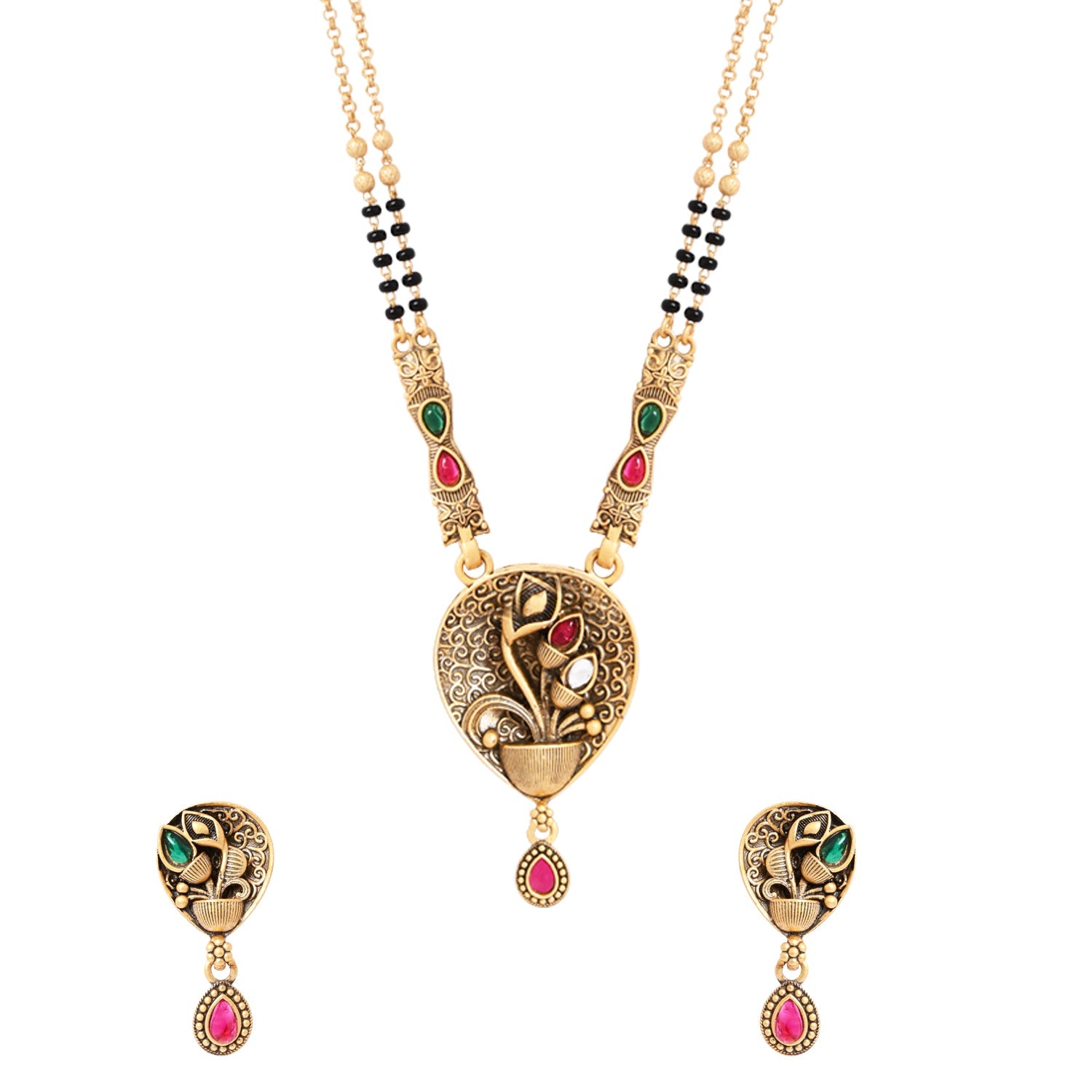 Etnico Gold Plated Traditional Studded Pendant & Black Bead Chain Mangalsutra With Earrings For Women