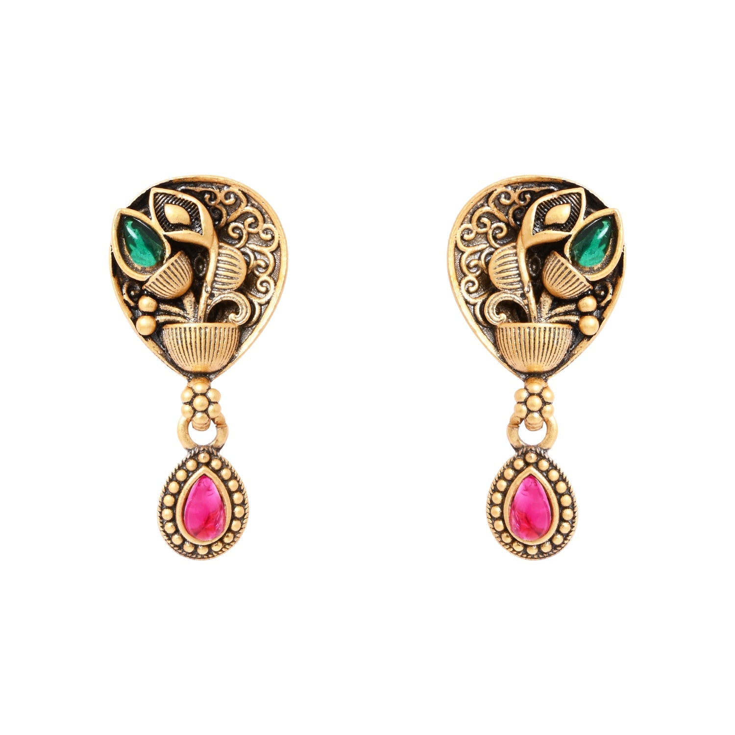 Etnico Gold Plated Traditional Studded Pendant & Black Bead Chain Mangalsutra With Earrings For Women