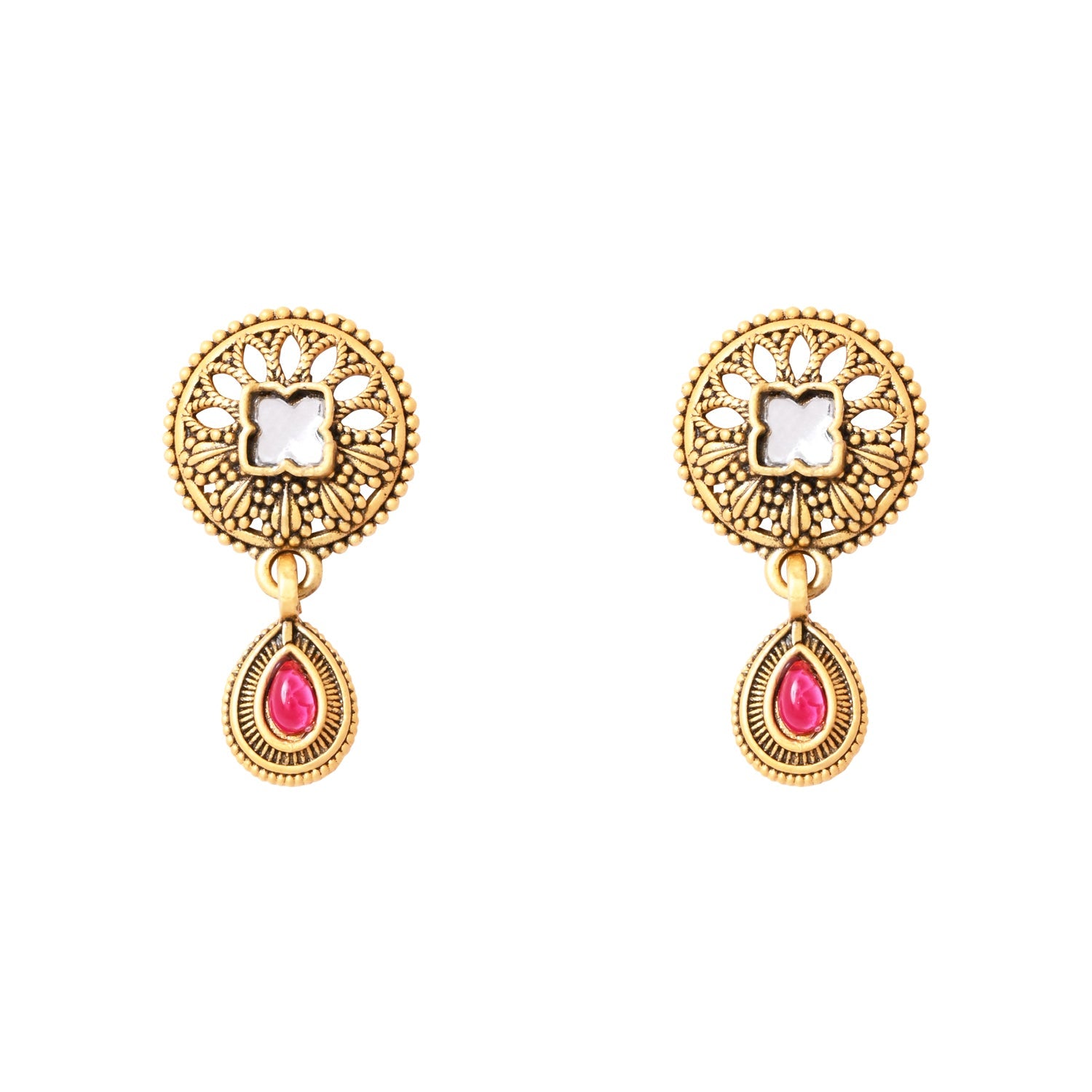Etnico Gold Plated Traditional Studded Pendant & Black Bead Chain Mangalsutra With Earrings For Women