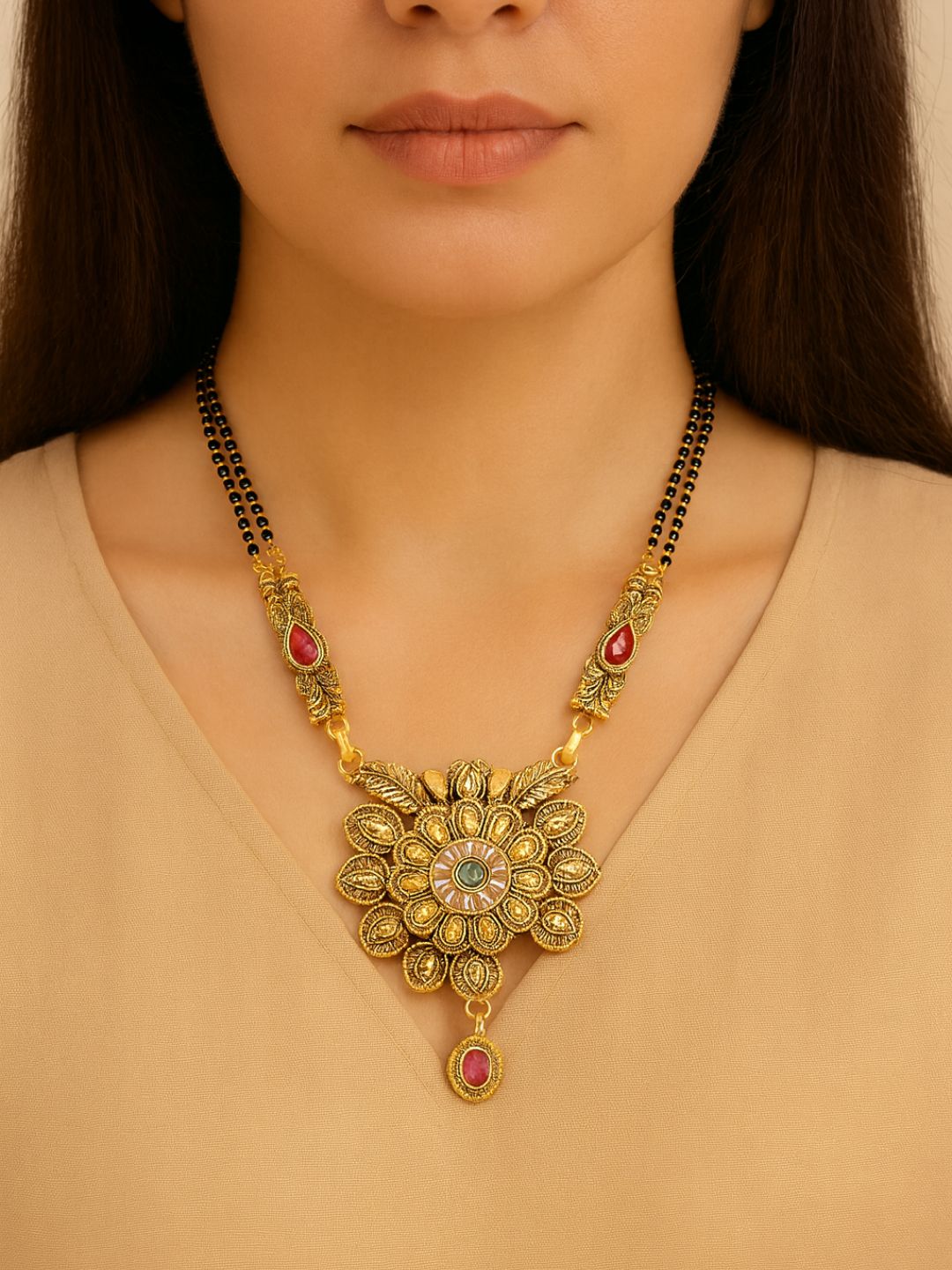 Etnico Gold Plated Traditional antique Pendant & Black Bead Chain Mangalsutra With Earrings For Women