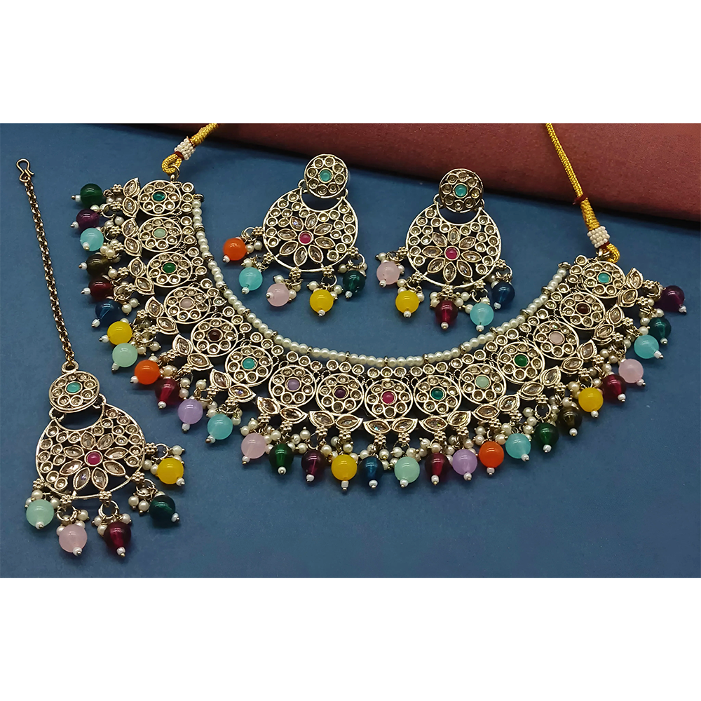 Gehana Mahal Gold Plated Crystal Stone Pearl And Beads Necklace Set