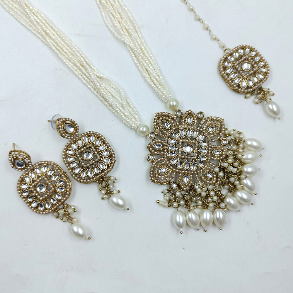 Gehana Mahal Gold Plated Kundan Stone And Pearls Long Necklace Set