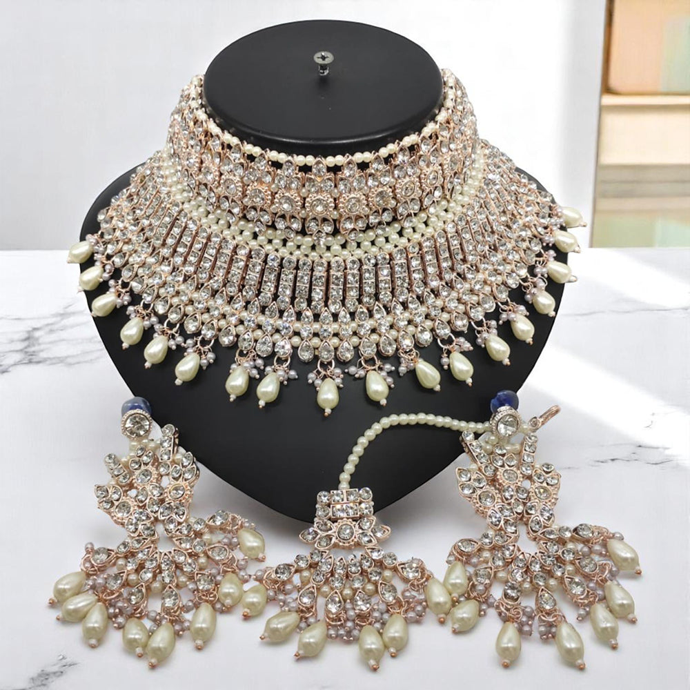 Gehana Mahal Gold Plated Austrian Stone And Pearl Choker Necklace Set