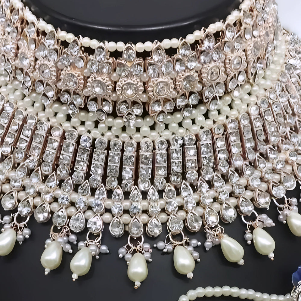 Gehana Mahal Gold Plated Austrian Stone And Pearl Choker Necklace Set