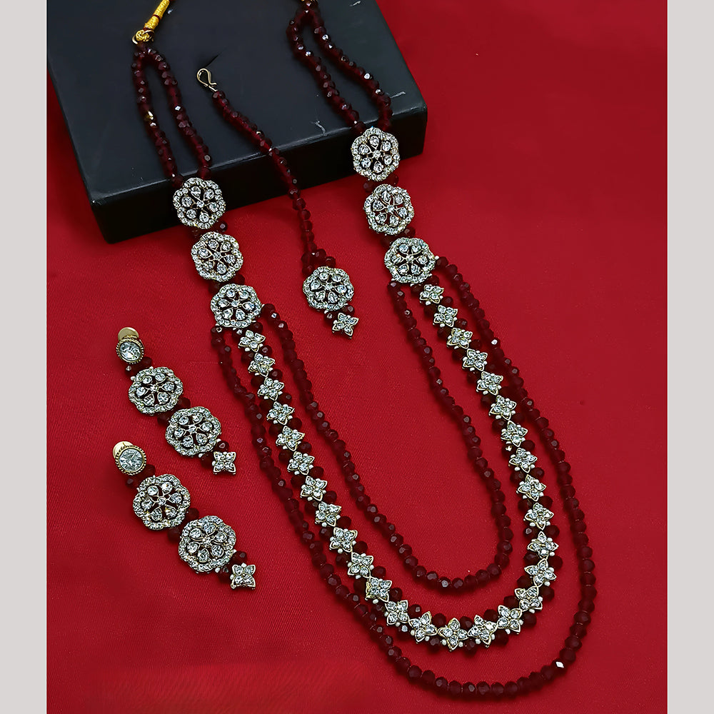 Gehana Mahal Gold Plated Austrian Stone And Pearl Long Necklace Set