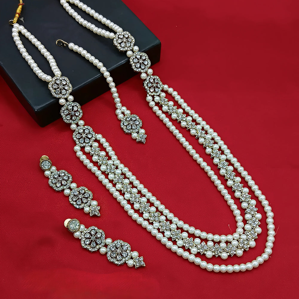Gehana Mahal Gold Plated Austrian Stone And Pearl Long Necklace Set