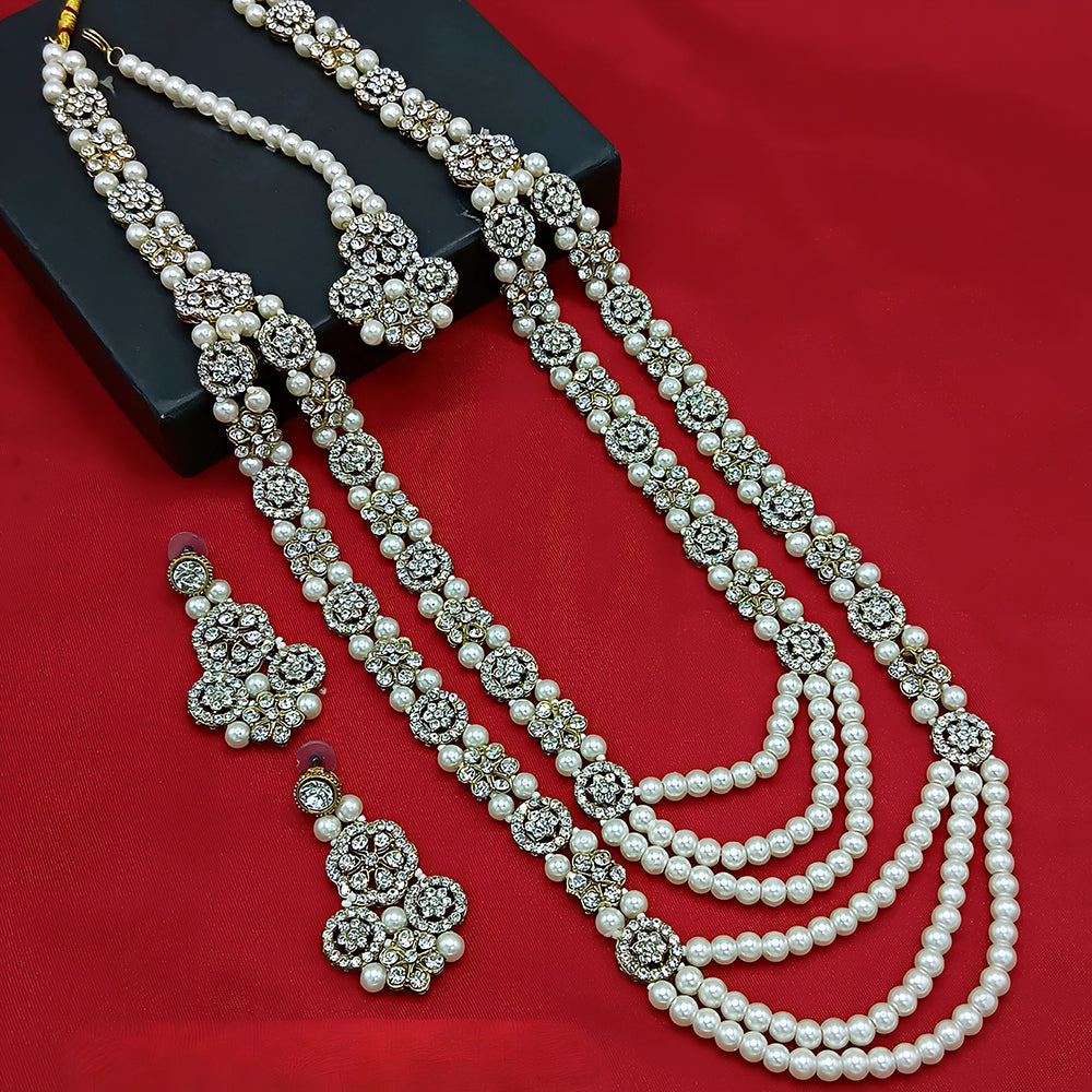 Gehana Mahal Gold Plated Austrian Stone And Pearl Long Necklace Set