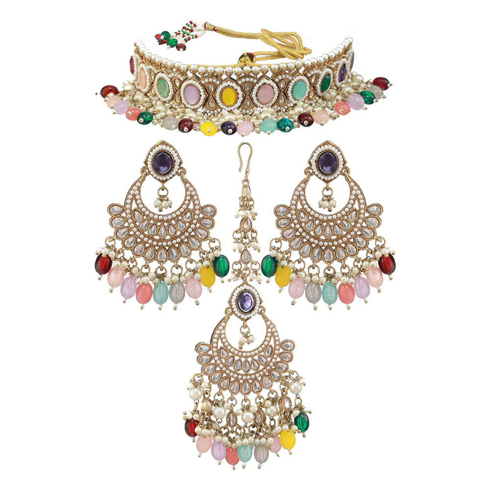 Rasmm Creations Mehndi Plated Reverse AD Multi Beads Necklace Set